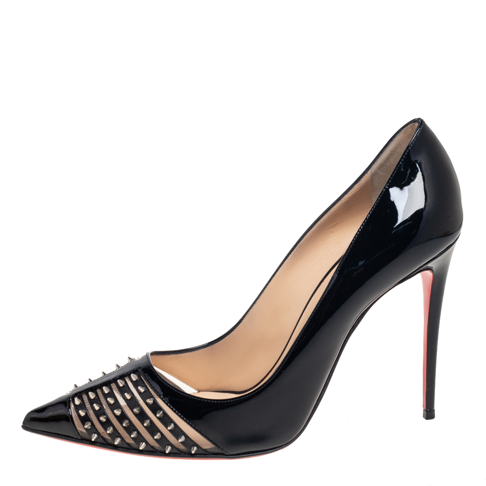 

Christian Louboutin Black Patent Leather and Mesh Spiked Bareta Pumps Size