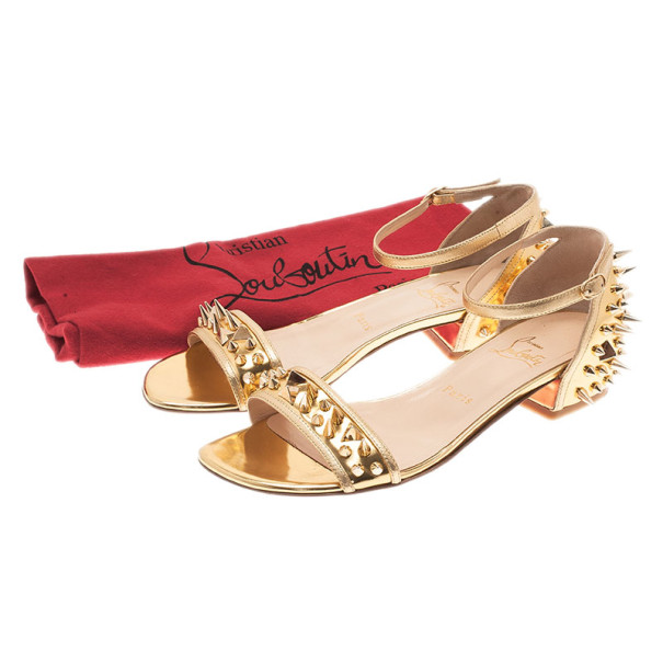 Pre-owned Christian Louboutin Gold Spiked Leather Druide Sandals Size 38