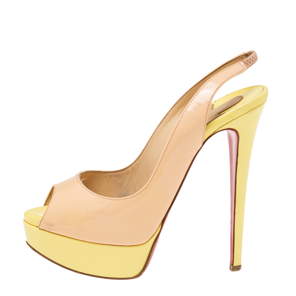 

Christian Louboutin Beige/Yellow Patent Leather Lady Peep Slingback Platform Pumps Size