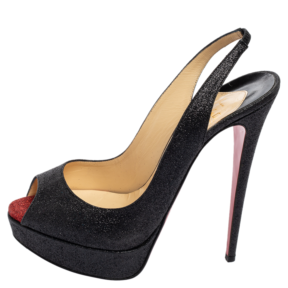 

Christian Louboutin Black Glitter Lady Peep Toe Platform Slingback Sandals Size