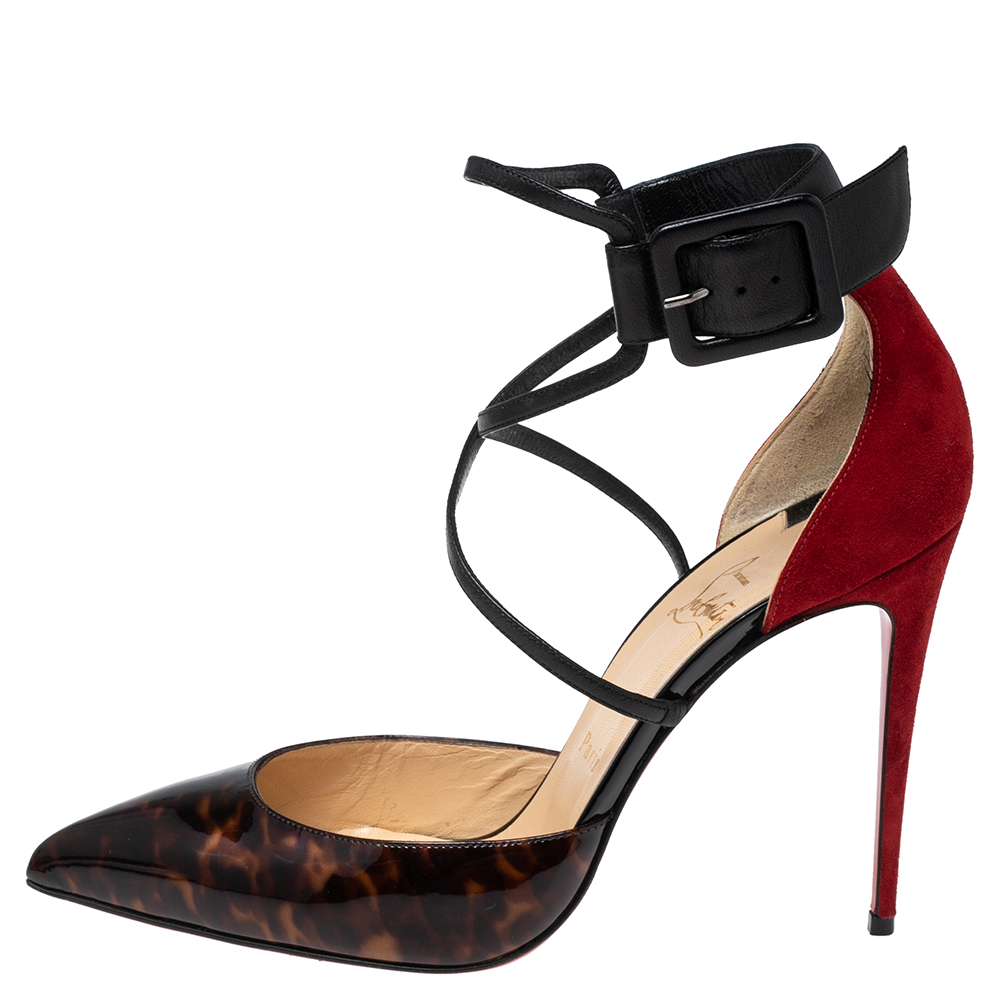 

Christian Louboutin Tri-Color Suede, Printed Patent and Leather Ankle-Strap Pumps Size, Black