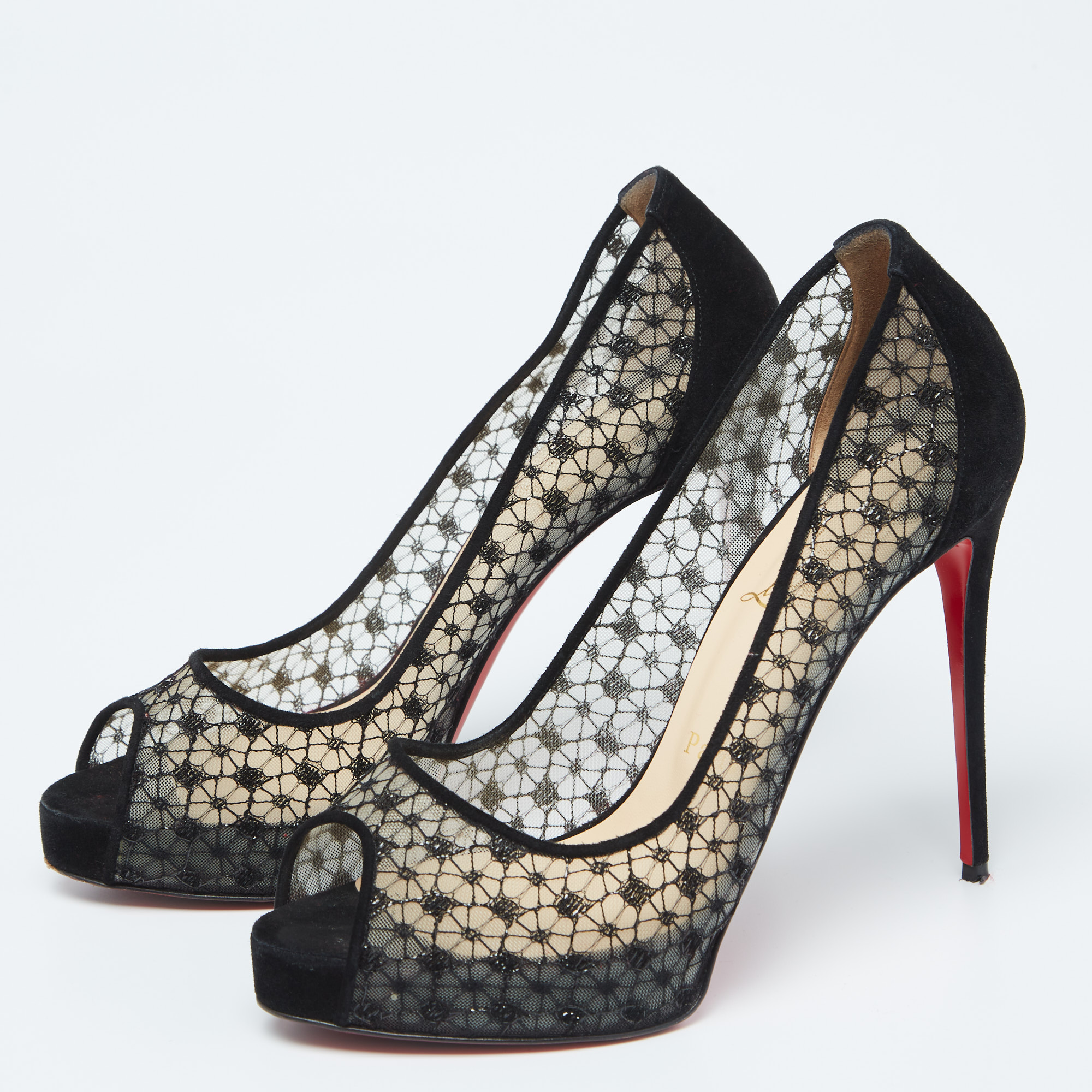 

Christian Louboutin Black Lace and Suede New Prive Peep Toe Pumps Size