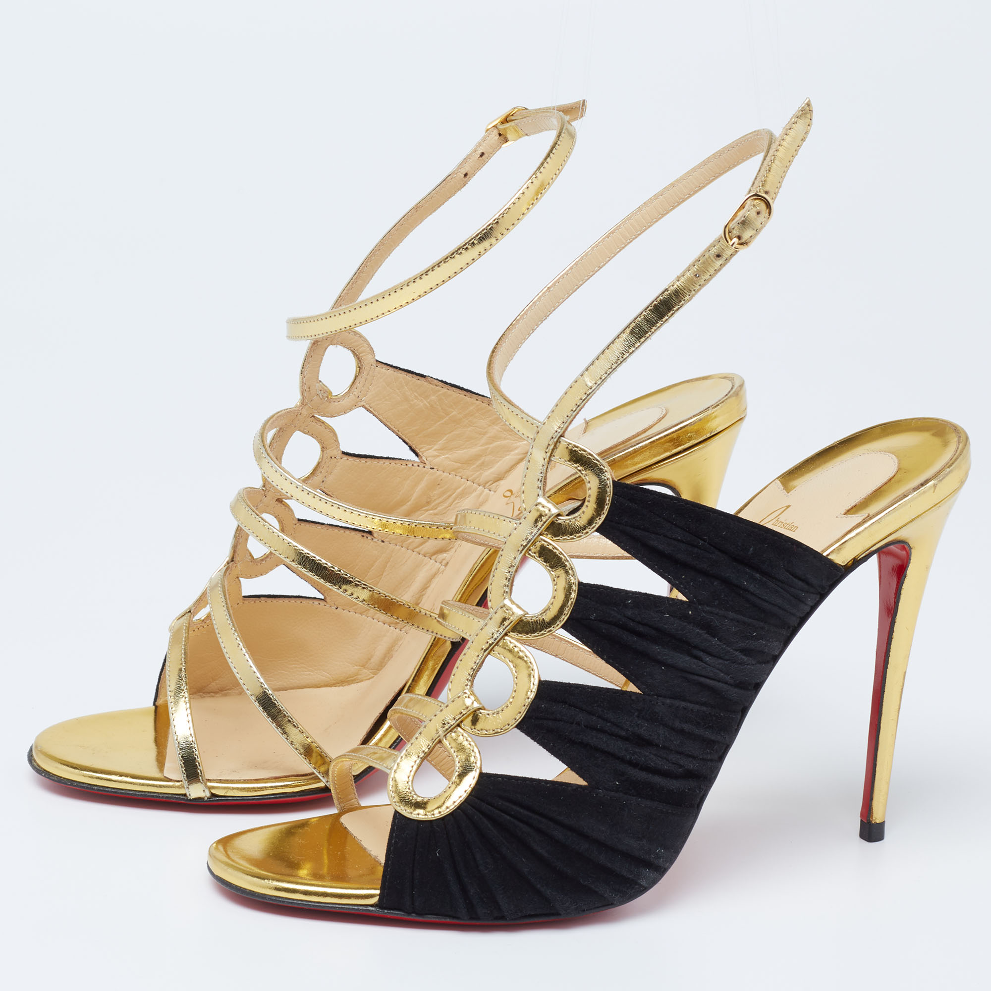 

Christian Louboutin Black/Gold Suede and Leather Tina Cage Ankle-Strap Sandals Size