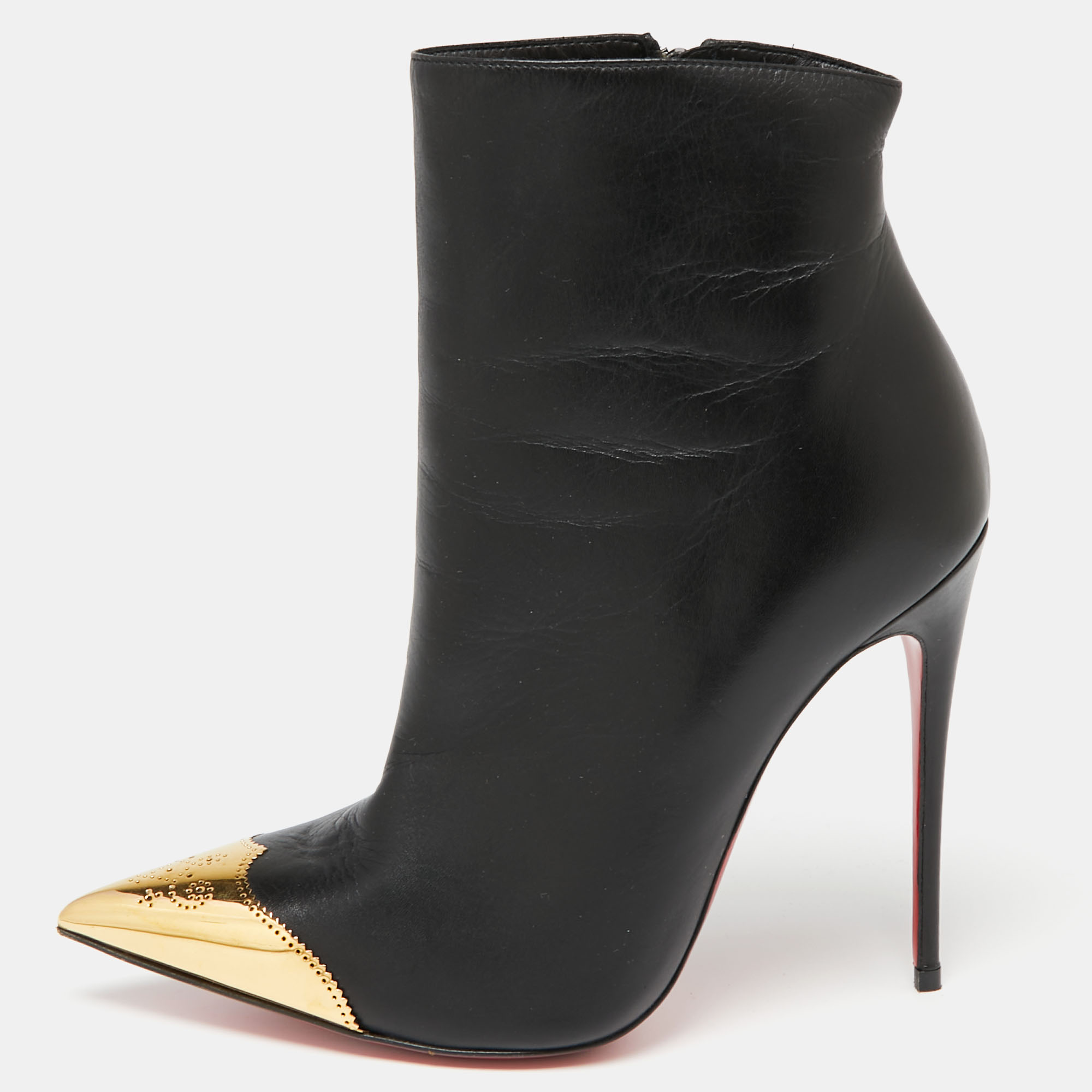 

Christian Louboutin Black Leather Calamijane Pointed-Toe Ankle Booties Size