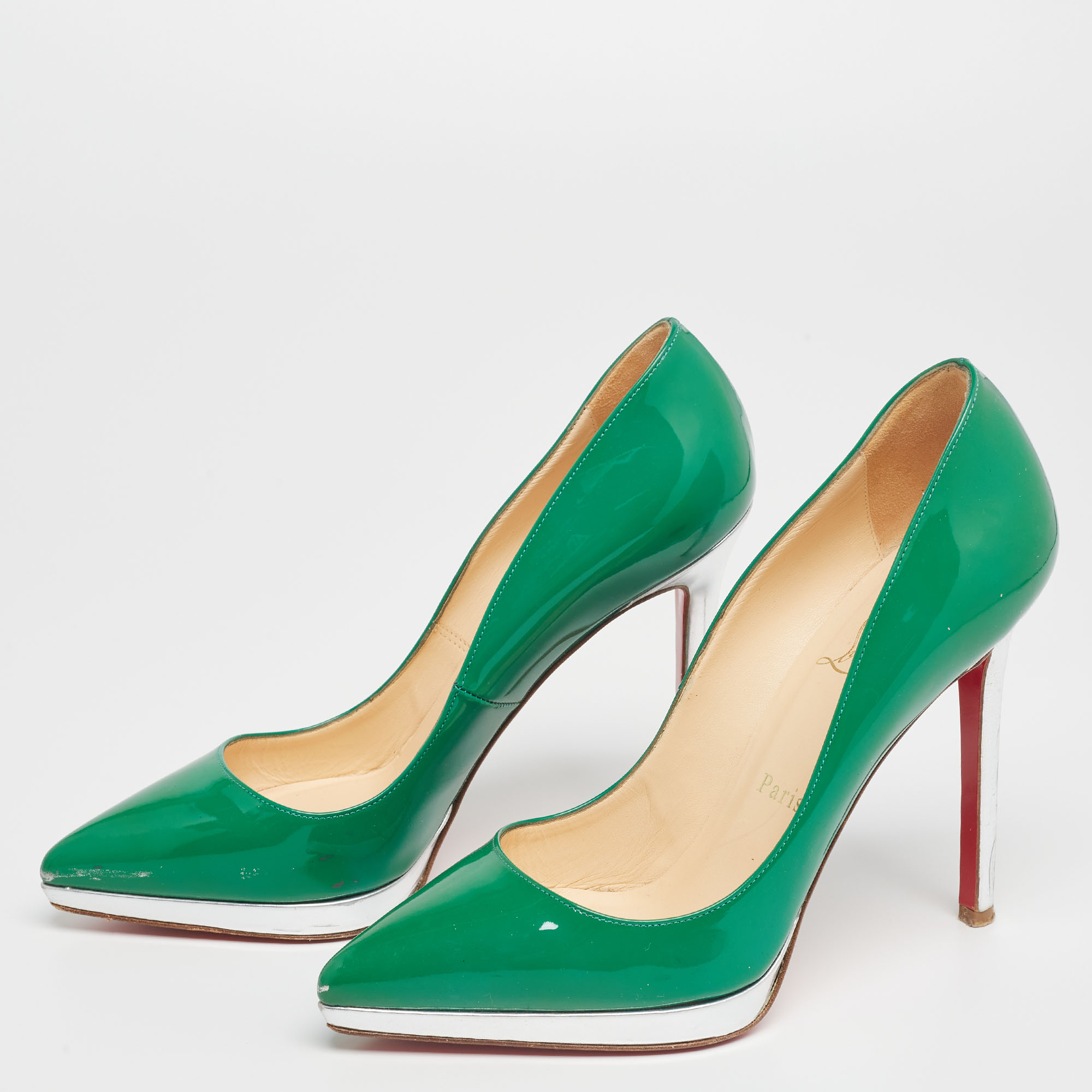 

Christian Louboutin Green/Silver Patent Leather Pigalle Plato Pumps Size