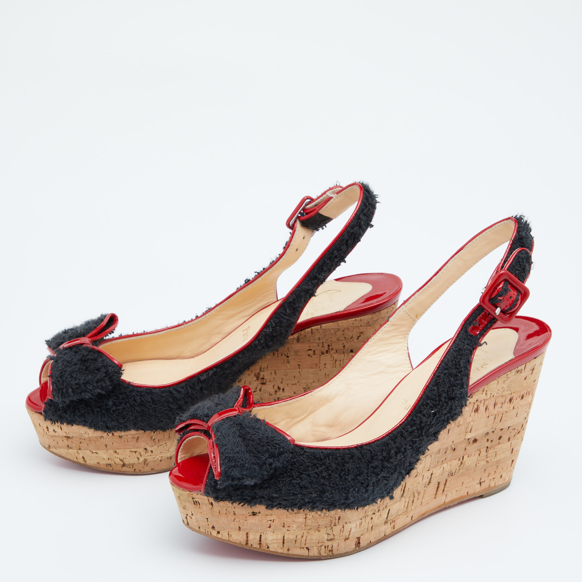 

Christian Louboutin Black/Red Fabric And Patent Leather Trim Bow Cork Wedge Slingback Sandals Size