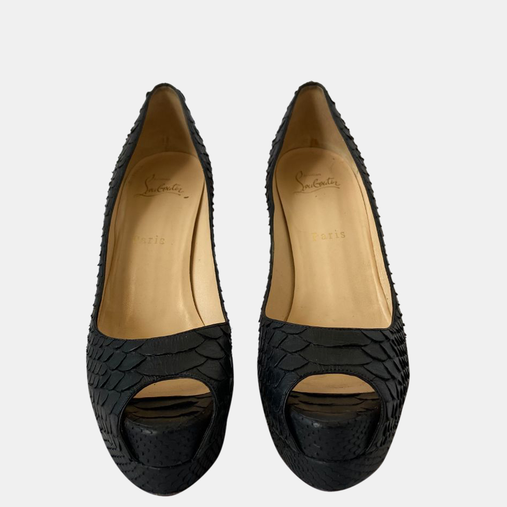 

Christian Louboutin Black Python Leather Lady Peep Toe Platform Pumps Size EU