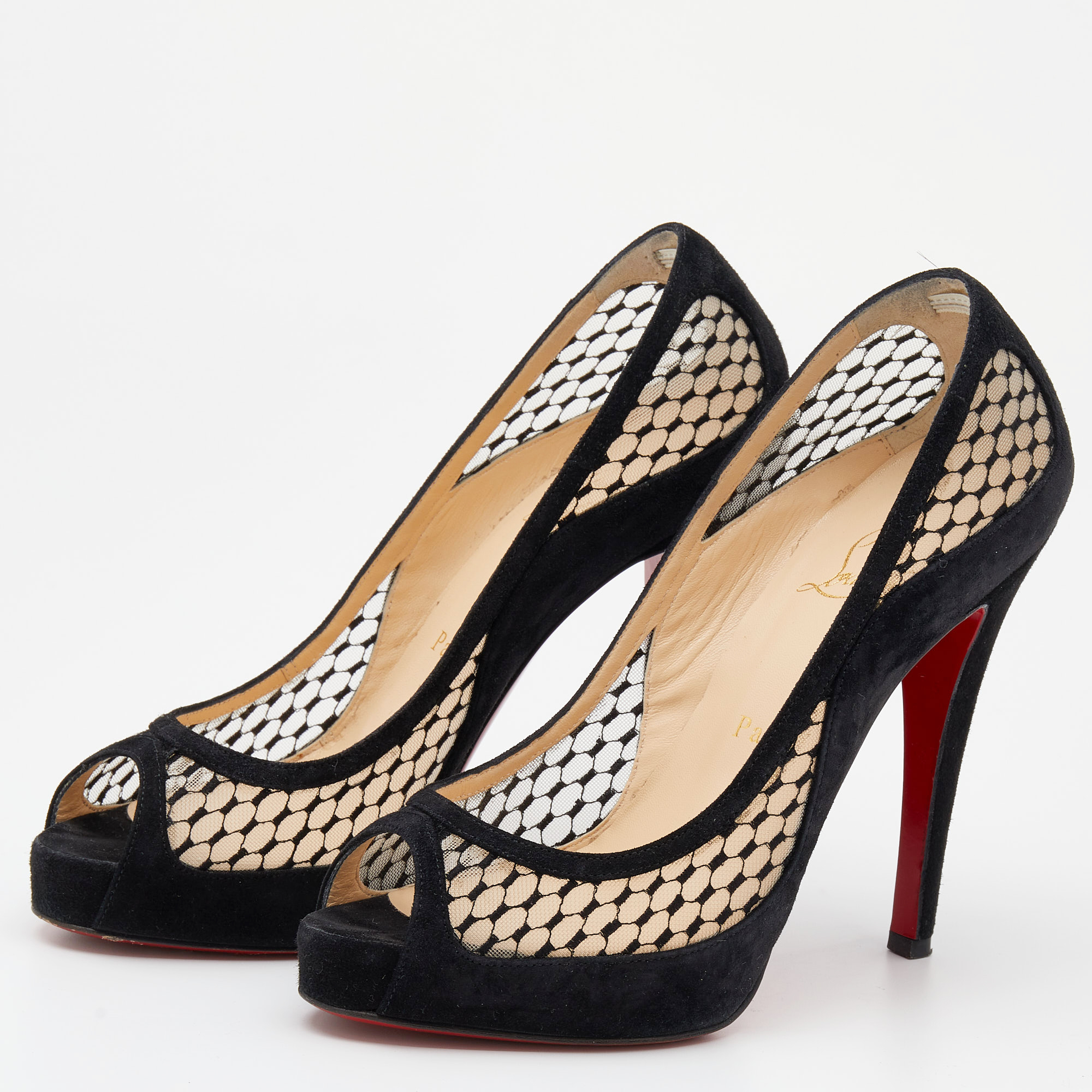 

Christian Louboutin Black Suede And Mesh Camila Peep Toe Pumps Size