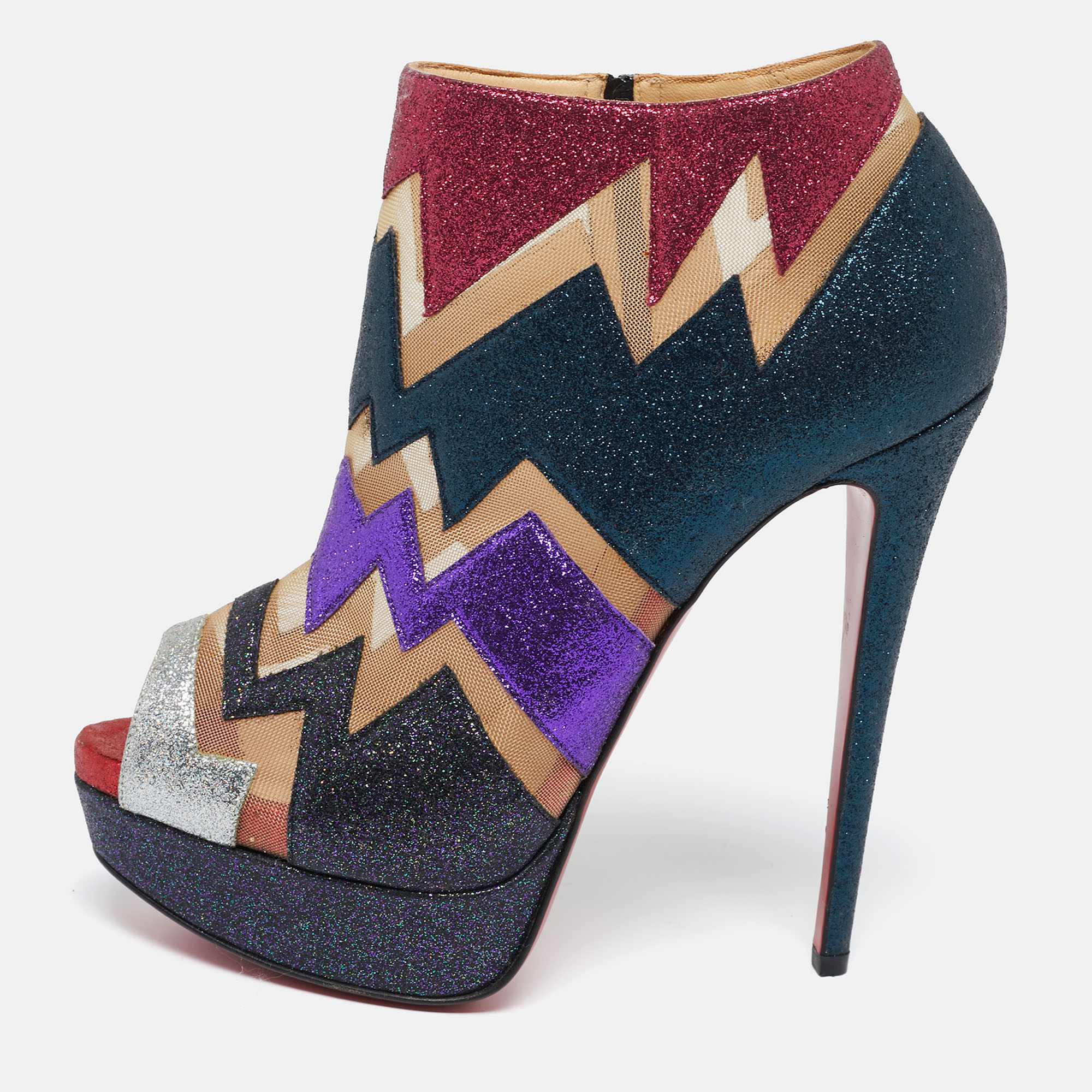 

Christian Louboutin Multicolor Glitter and Mesh Ziggy Peep-Toe Ankle Booties Size