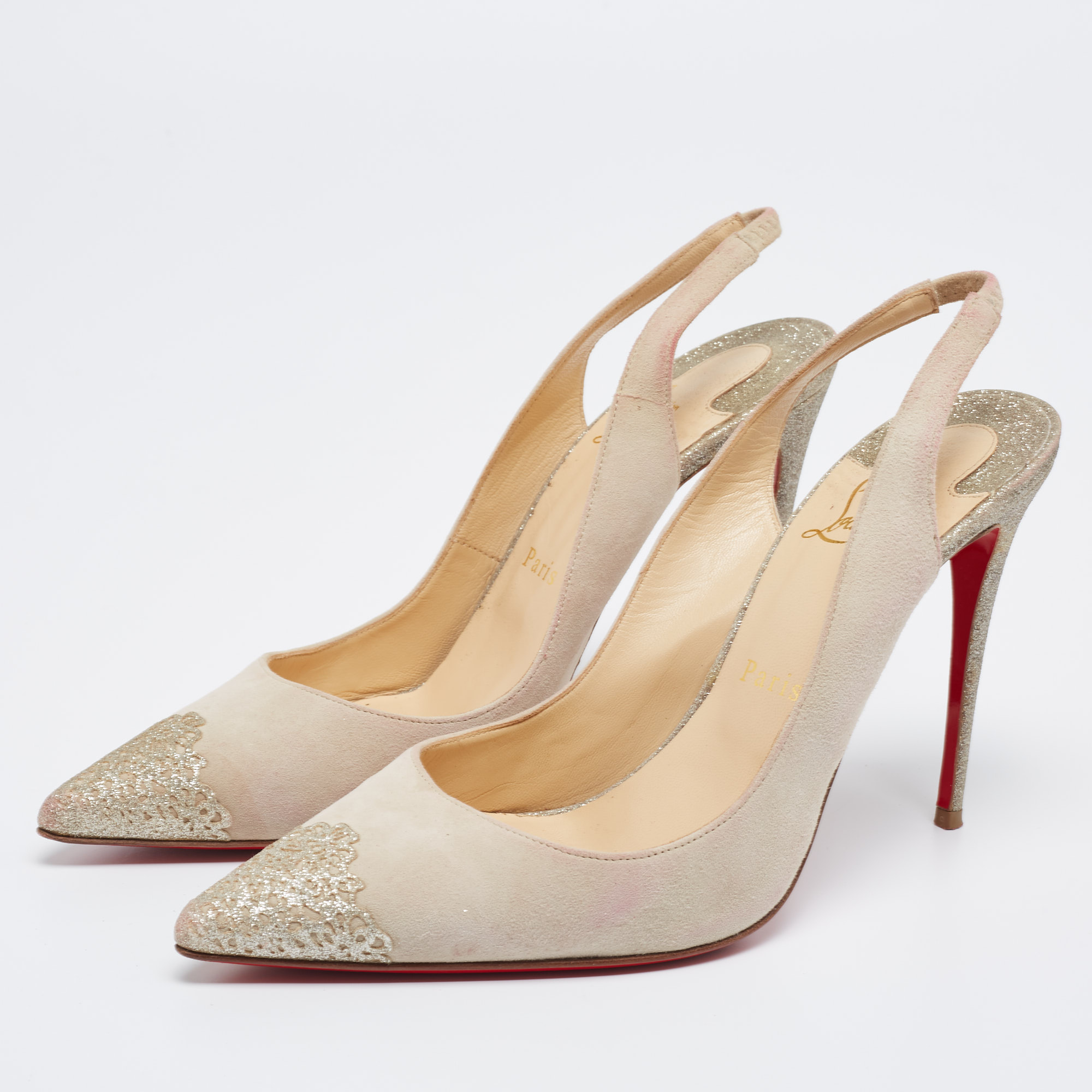 

Christian Louboutin Cream Suede And Glitter Almine Slingback Sandals Size