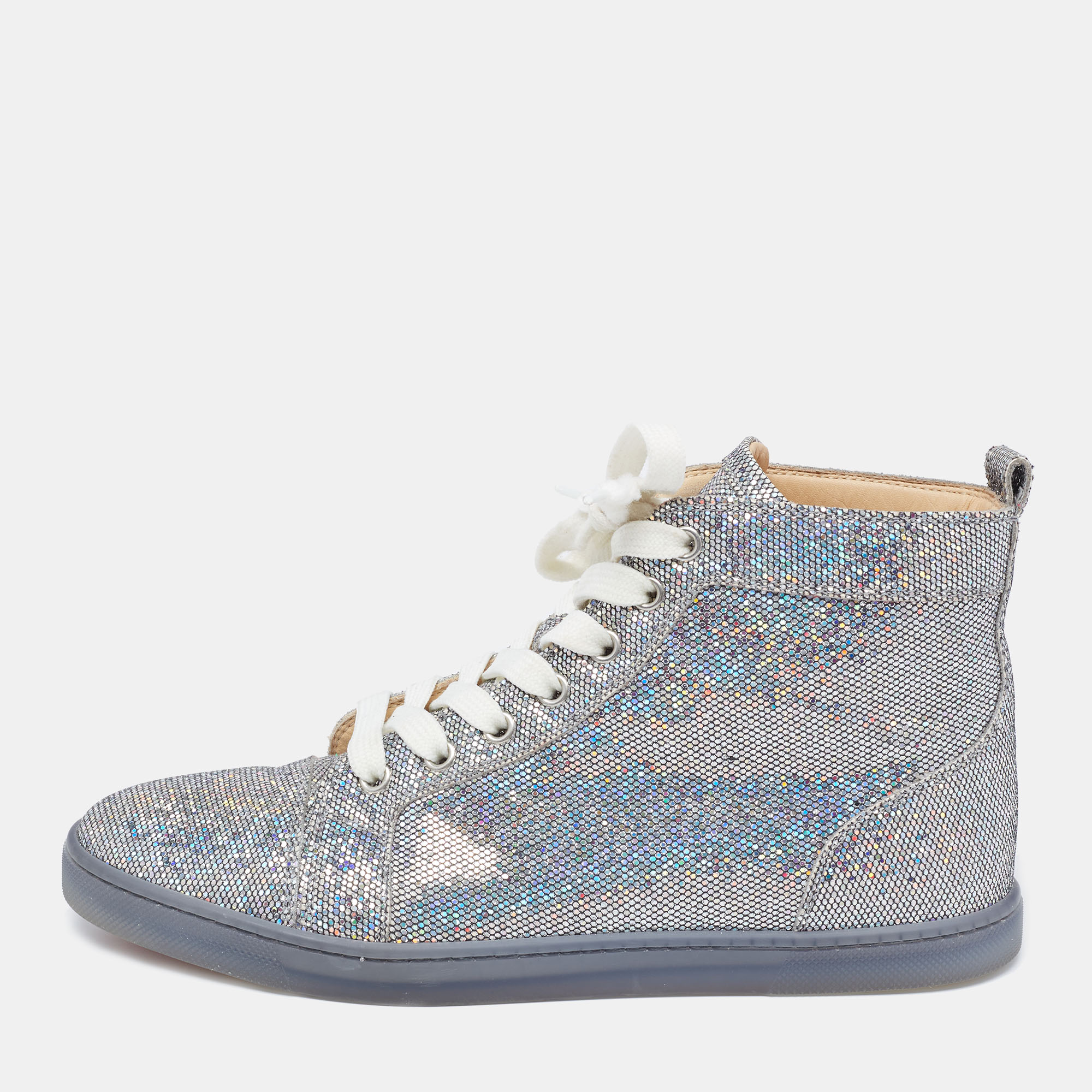 Pre-owned Christian Louboutin Silver Glitter Disco Ball Rantus Orlato High Top Trainers Size 38.5