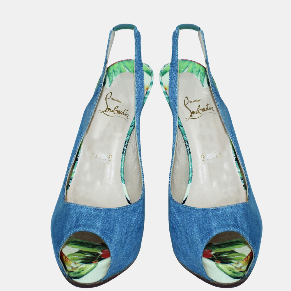 

Christian Louboutin Blue Denim Floral Print Peep-Toe Pumps Size EU