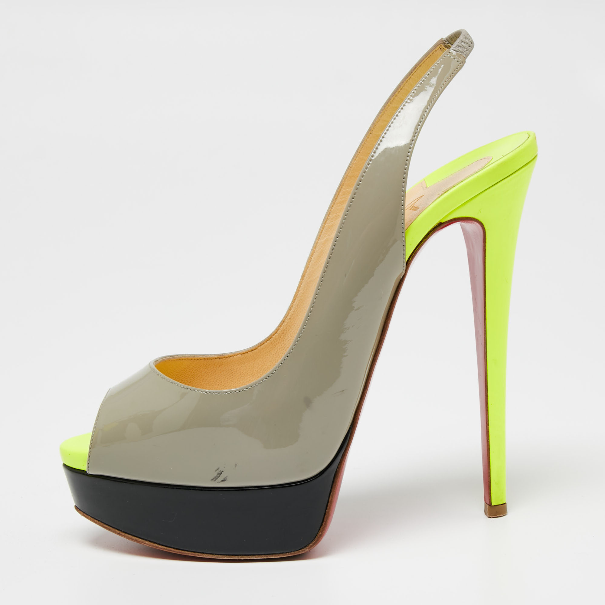 

Christian Louboutin Tri-Color Patent Leather Lady Peep-Toe Slingback Sandals Size, Grey