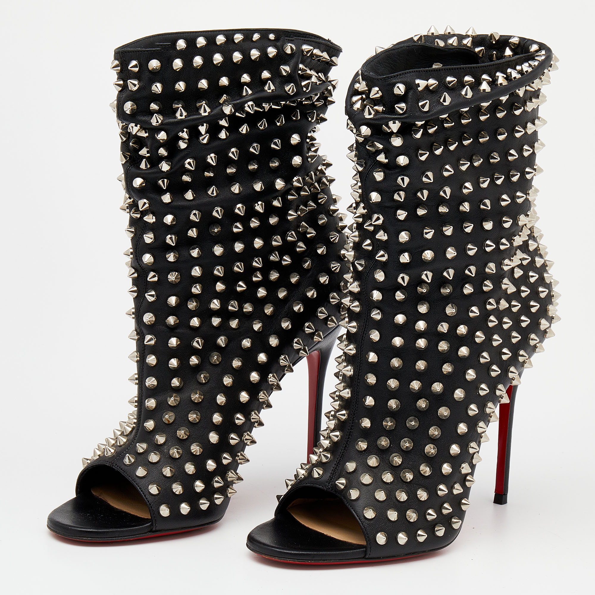 

Christian Louboutin Black Leather Spiked Guerilla Peep Toe Slouchy Ankle Boots Size