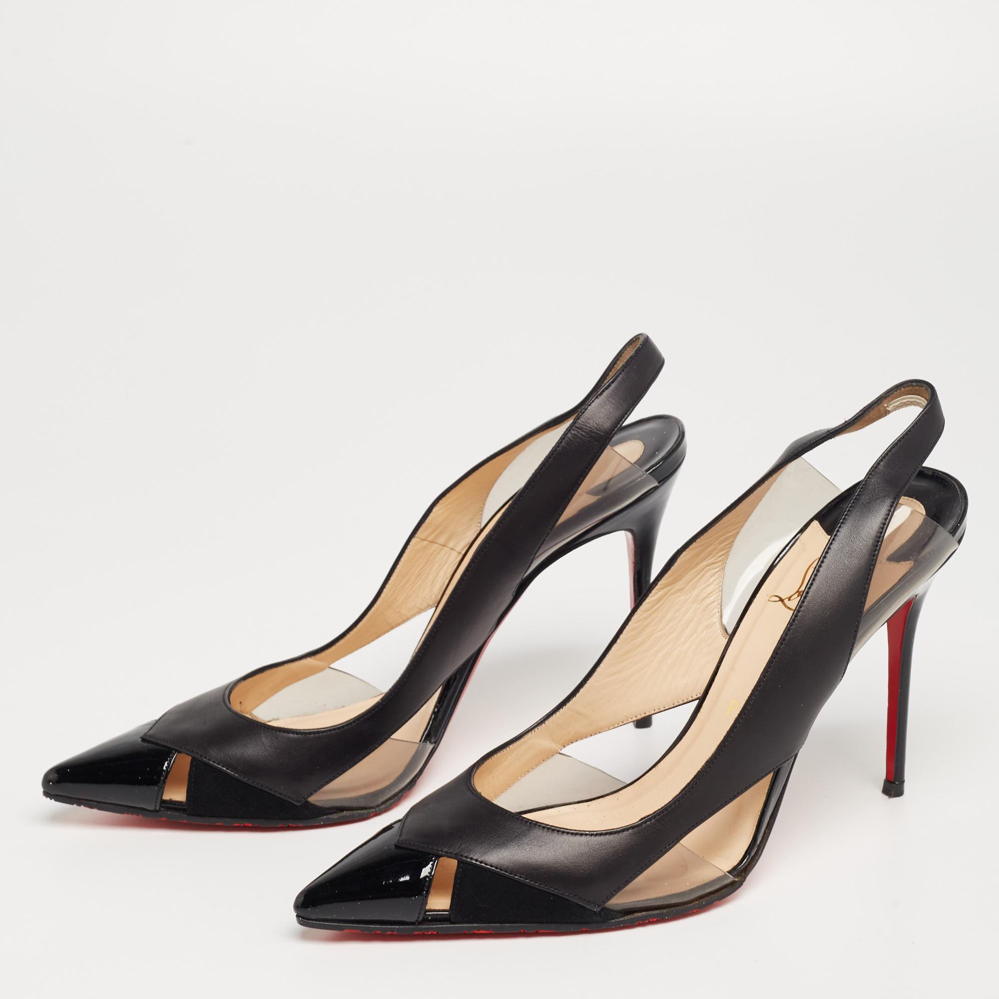 

Christian Louboutin Black Patent and Leather and PVC Air Chance Slingback Pumps Size .5