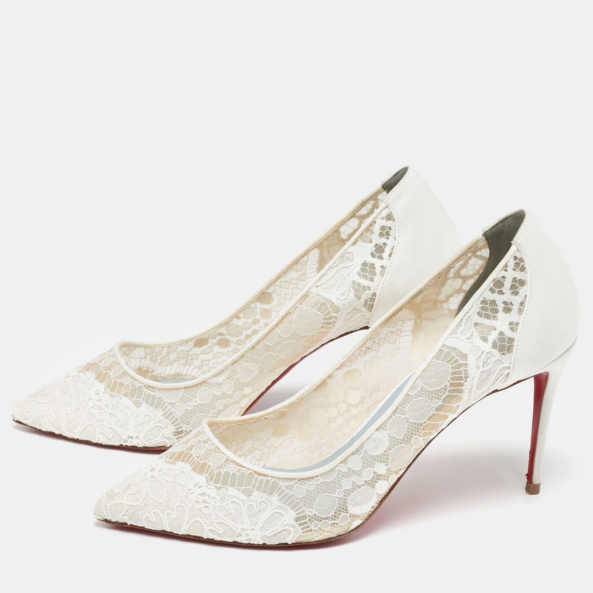 

Christian Louboutin Ivory Lace and Satin Follies Pumps Size, White