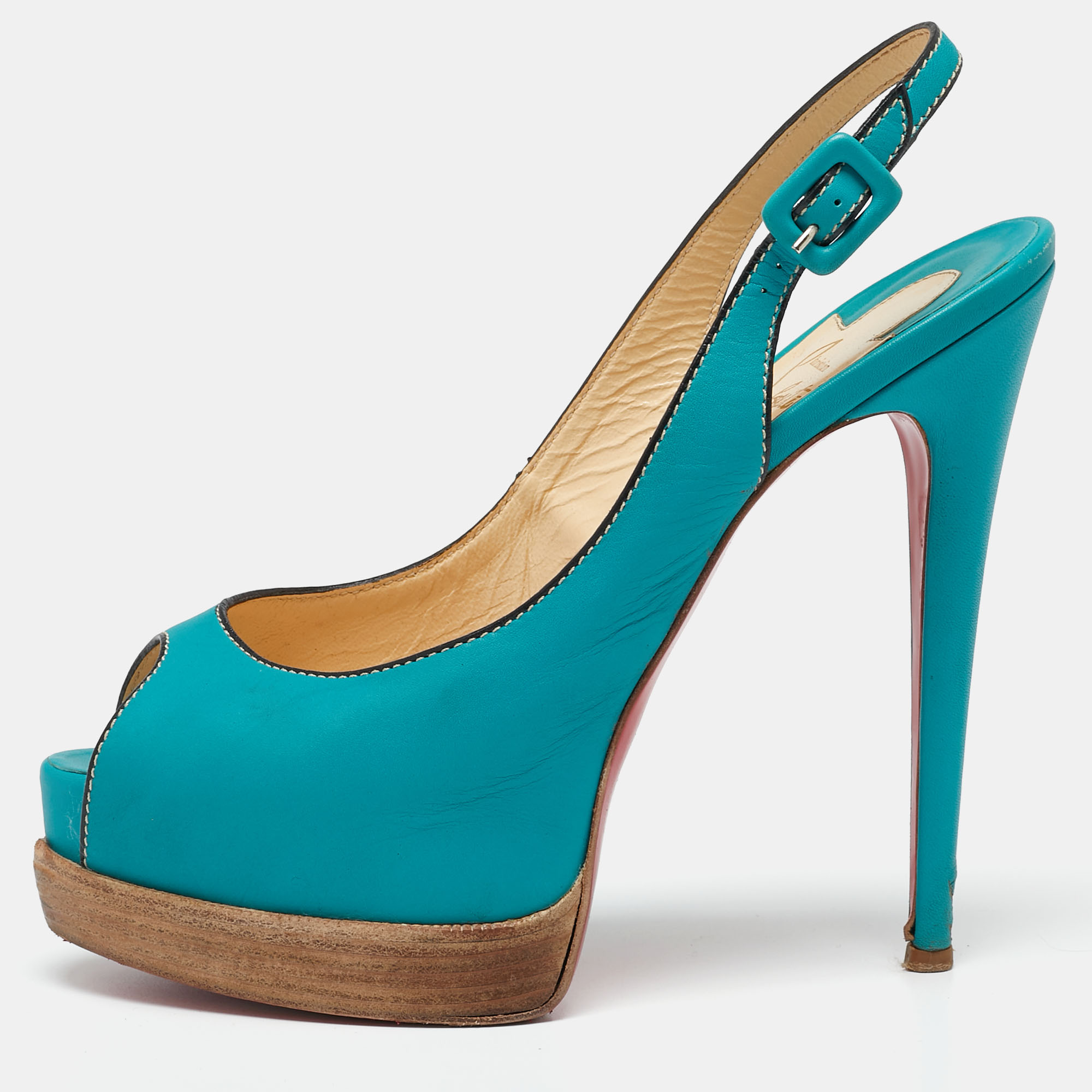Pre-owned Christian Louboutin Turquoise Leather Peep-toe Platform Slingback Sandals Size 38.5 In Blue