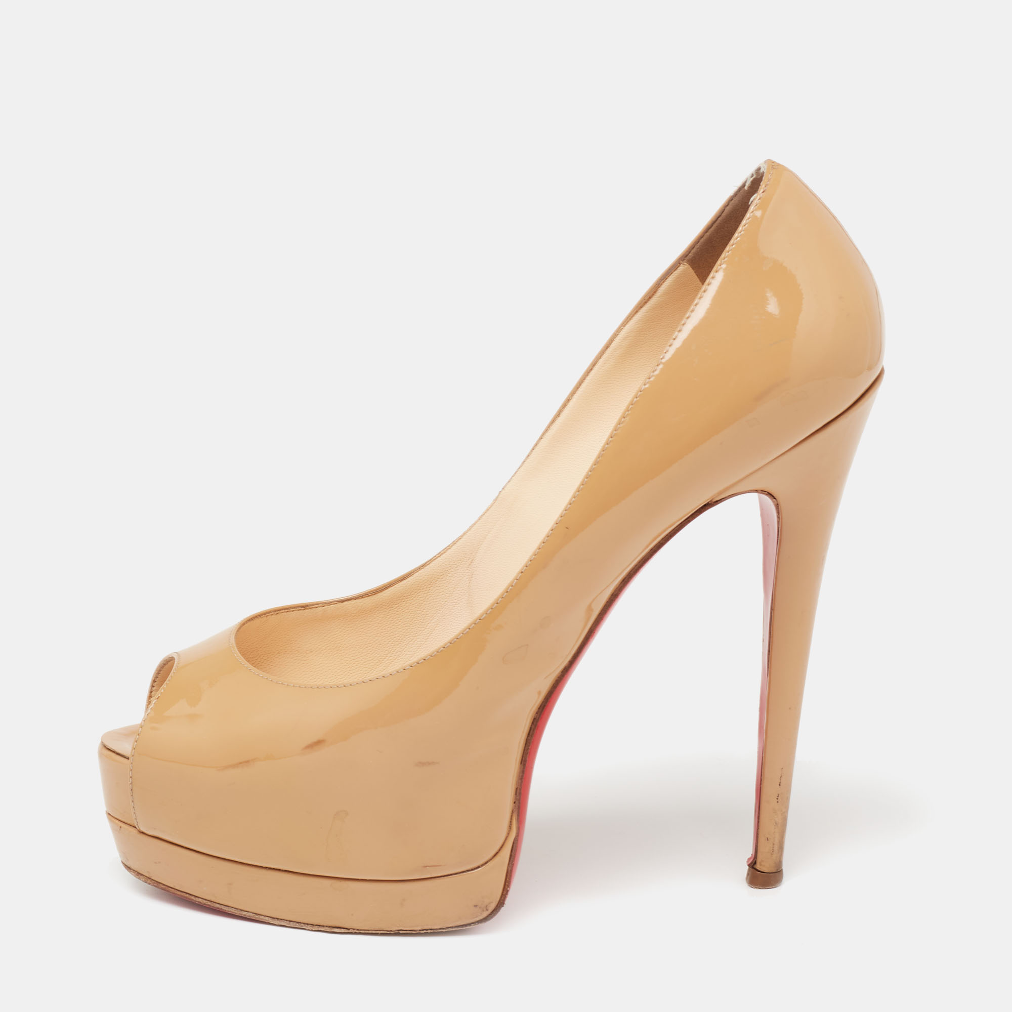 Pre-owned Christian Louboutin Beige Patent Leather New Prive Platform Pumps Size 38.5