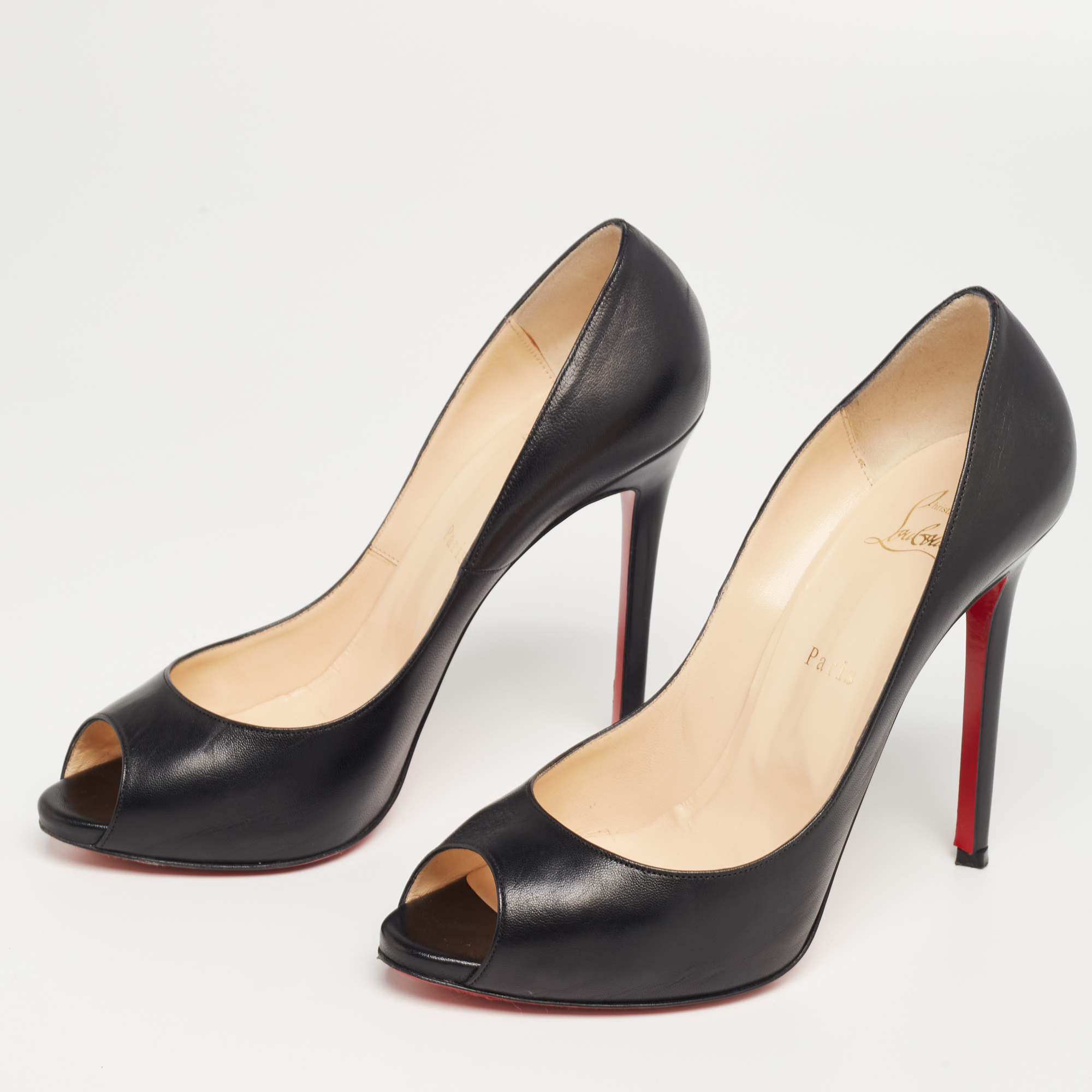 

Christian Louboutin Black Leather Flo Peep-Toe Pumps Size