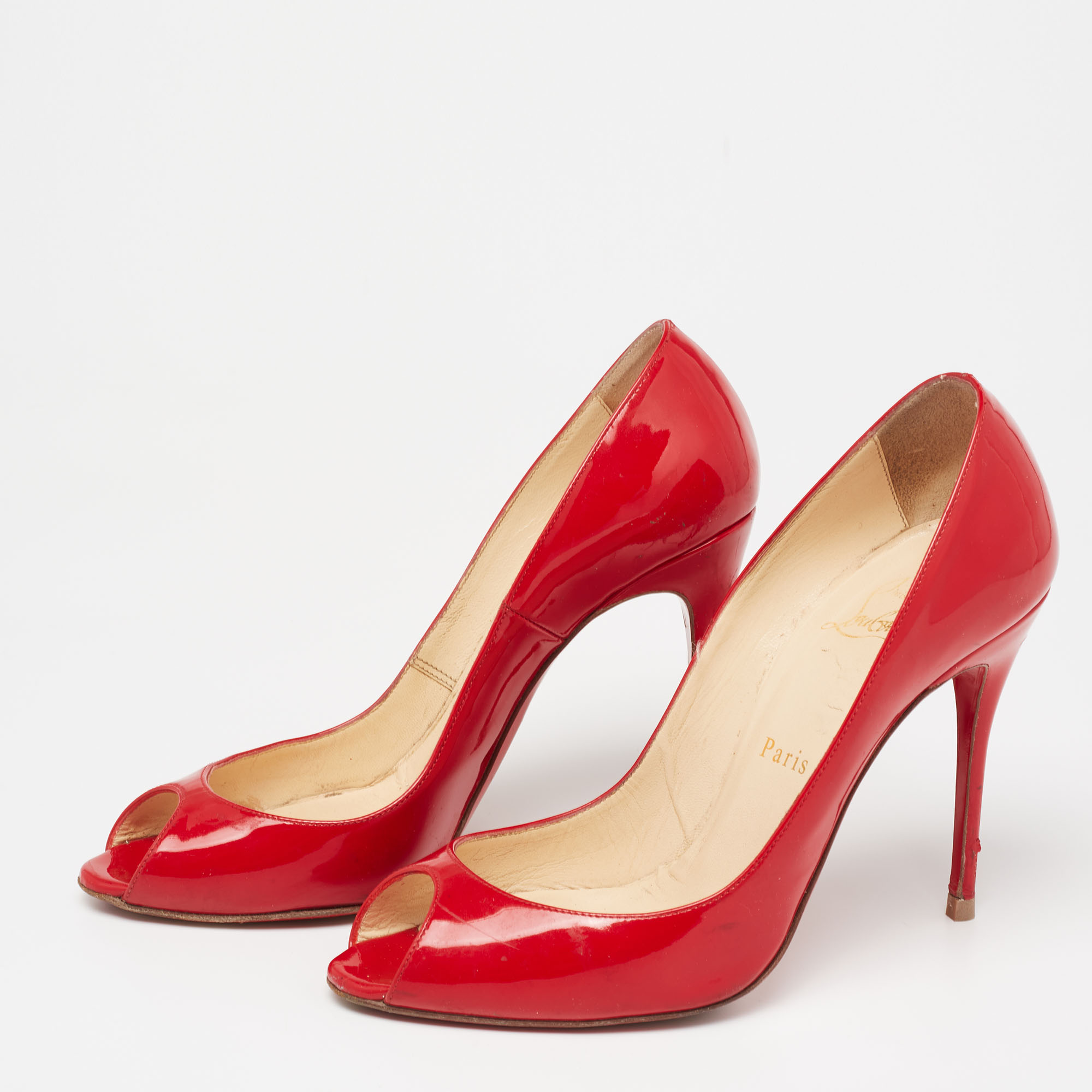 

Christian Louboutin Red Patent Leather Yootish Peep-Toe Pumps Size