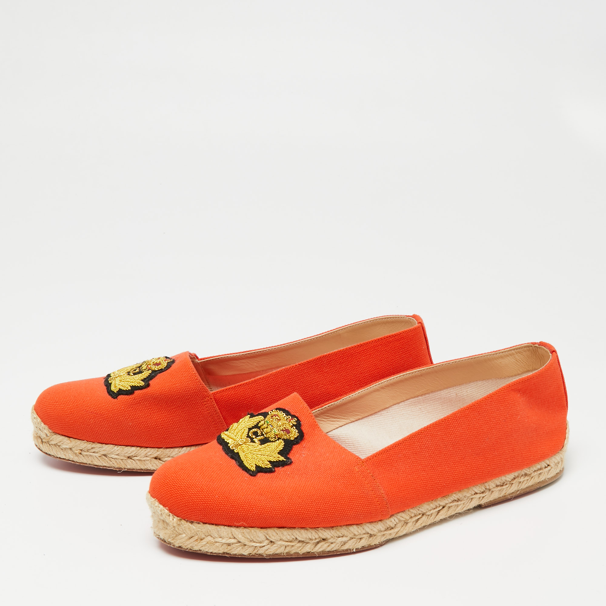 

Christian Louboutin Orange Canvas Gala Embroidered Crest Flat Espadrilles Size