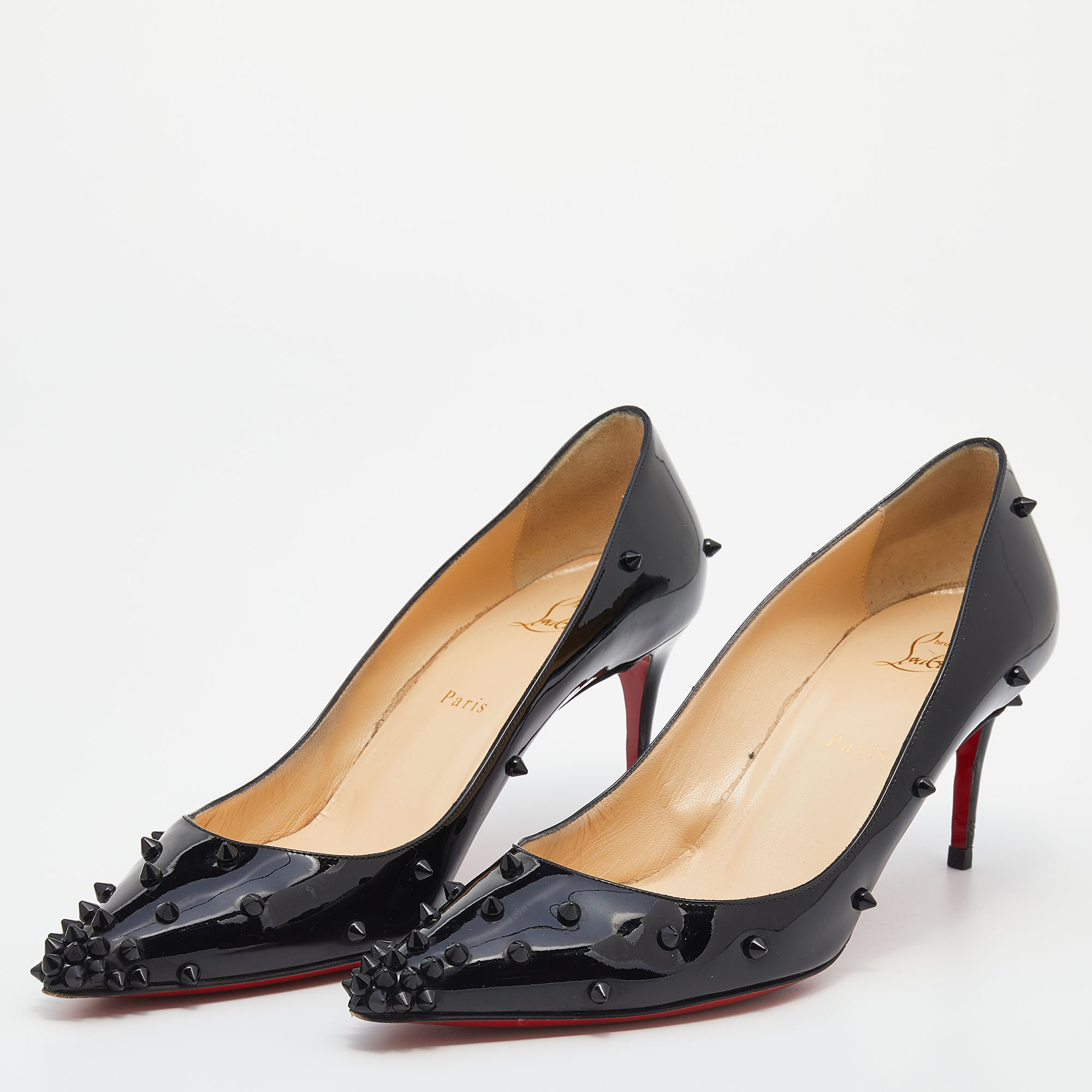 

Christian Louboutin Black Patent Leather Diamond Spike Pumps Size