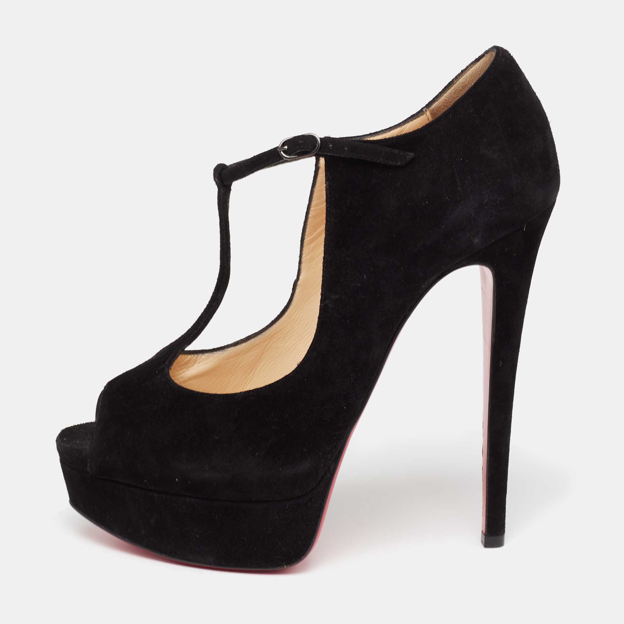 Pre-owned Christian Louboutin Black Suede Alta Poppins T-strap Pumps Size 37.5