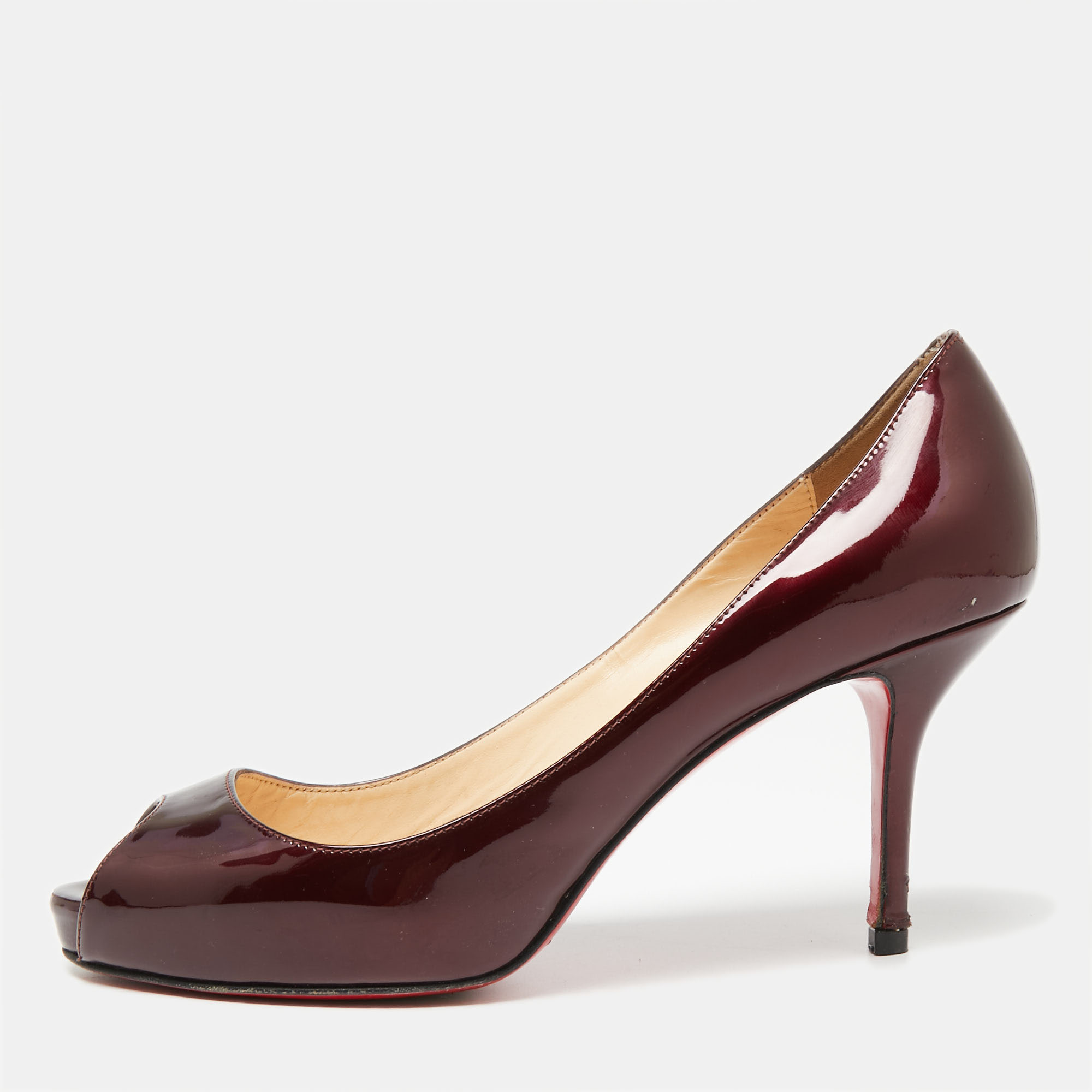 Pre-owned Christian Louboutin Burgundy Patent Leather Matar Claude Peep-toe Pumps Size 37