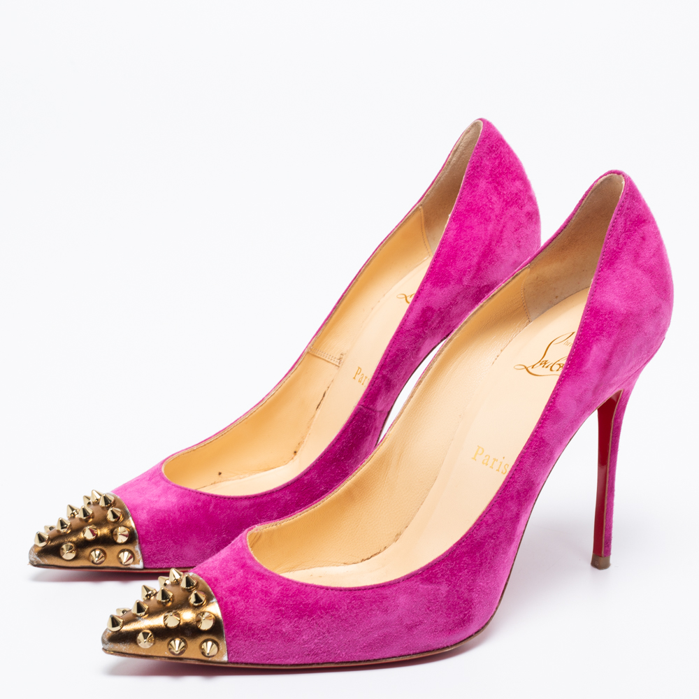 

Christian Louboutin Pink/Bronze Suede and Leather Studded Cap-Toe Geo Pumps Size