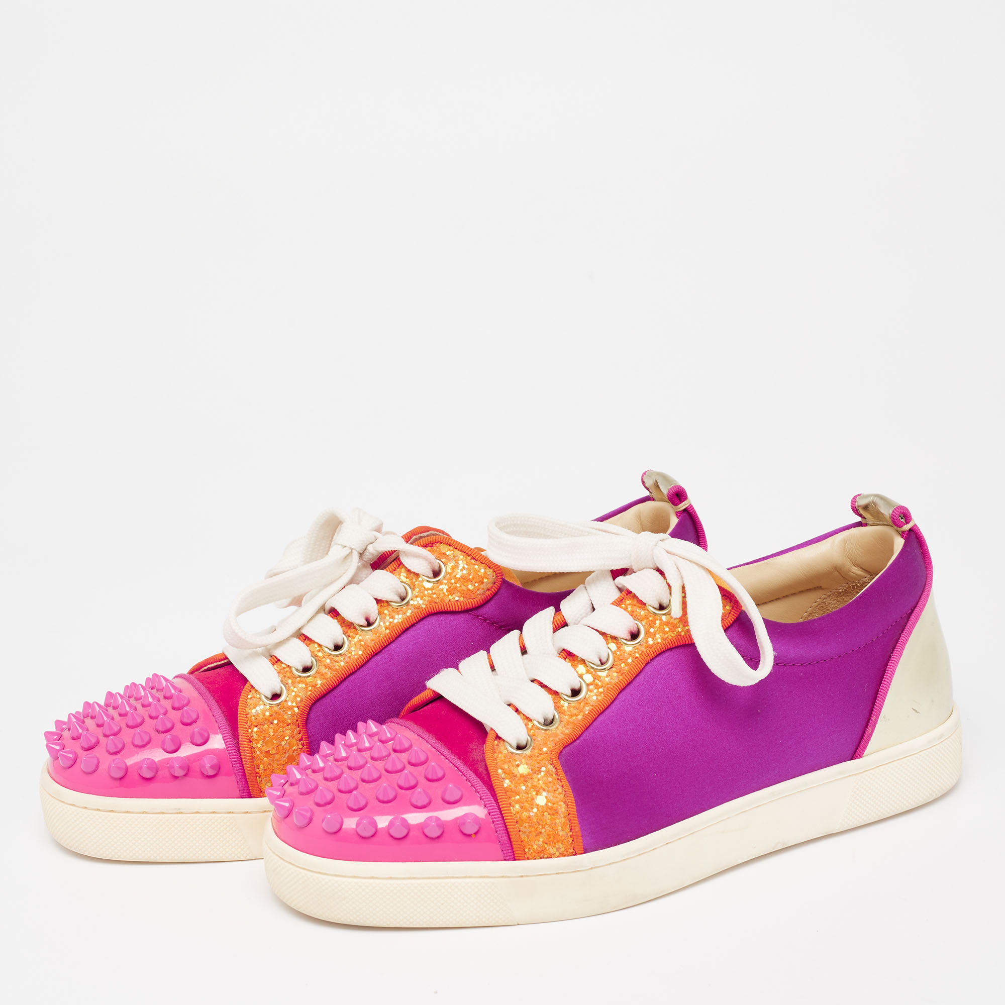 

Christian Louboutin Multicolor Satin And Leather Suede Studded Low Top Sneakers Size