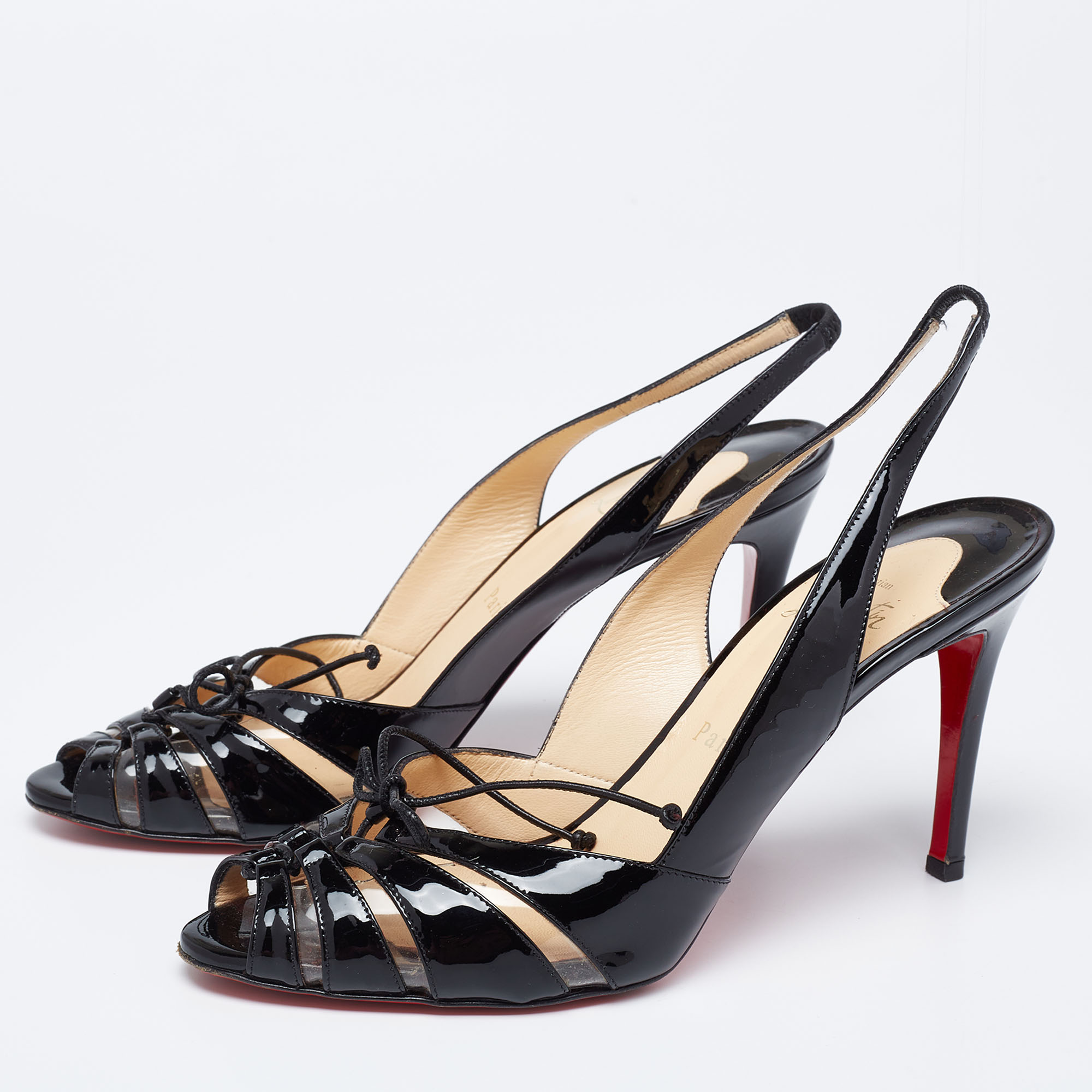 

Christian Louboutin Black Patent Leather Corsetica Slingback Sandals Size