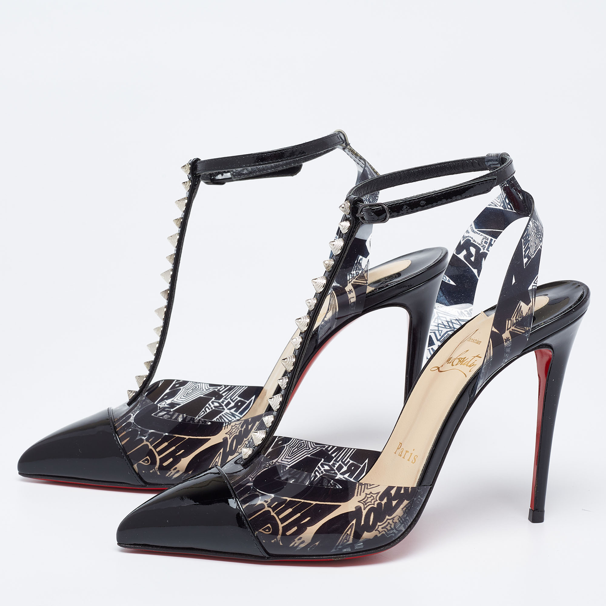 

Christian Louboutin Black Graffiti Print PVC and Patent Leather Nosy Spike Sandals Size