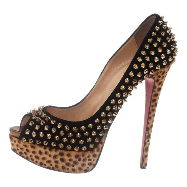 Pre-owned Christian Louboutin Black Suede Leopard Pony Hair Lady Peep Spikes Platform Pumps Size 39
