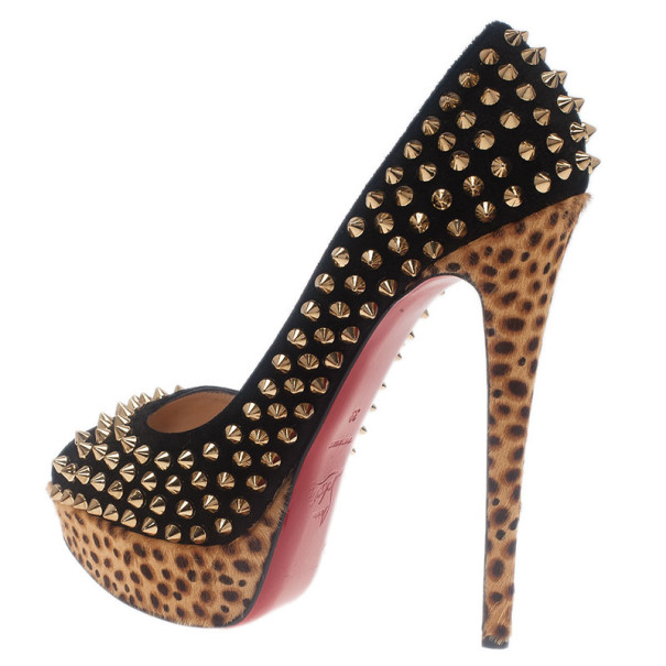 Pre-owned Christian Louboutin Black Suede Leopard Pony Hair Lady Peep Spikes Platform Pumps Size 39