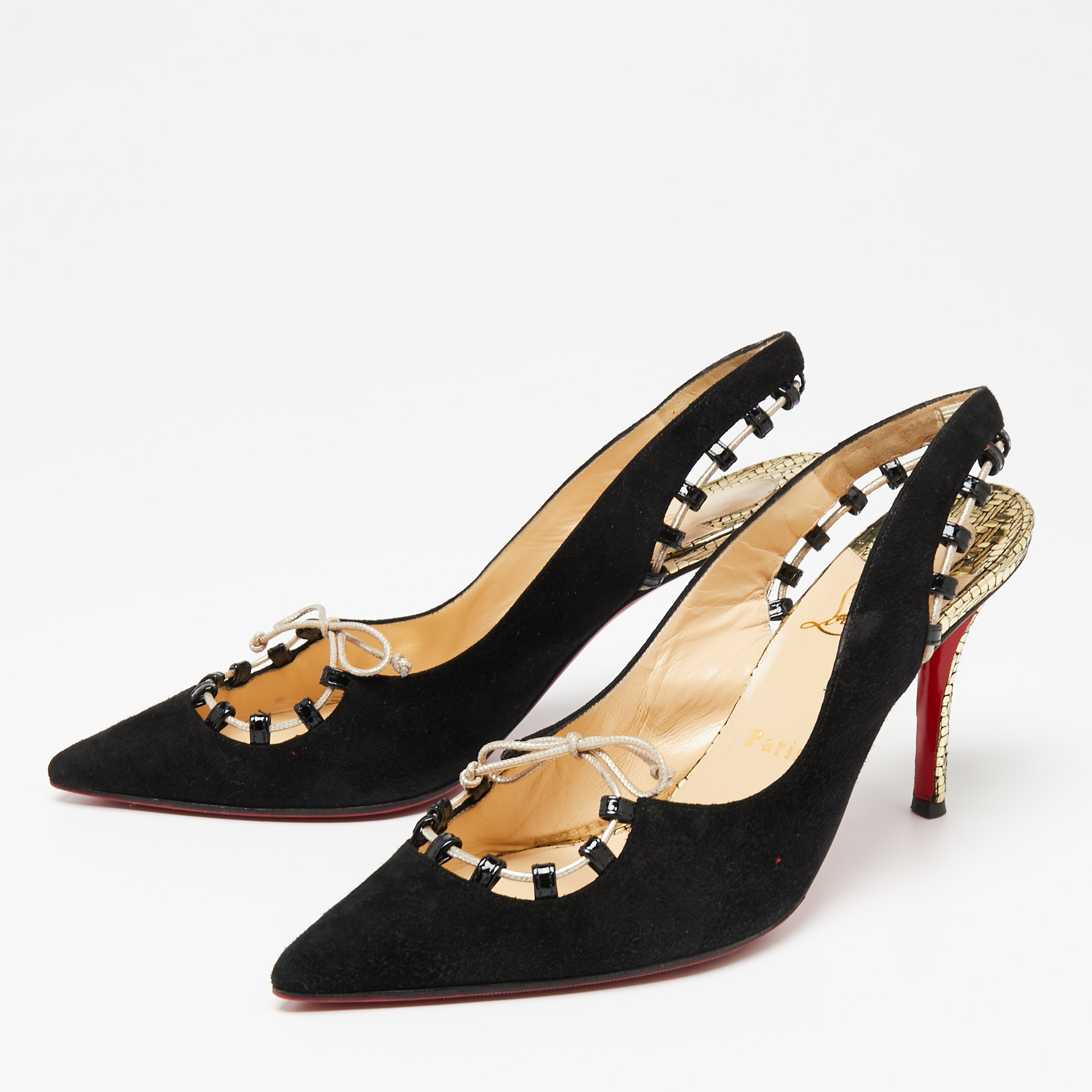 

Christian Louboutin Black Suede Whipstitch Pointed Toe Slingback Sandals Size