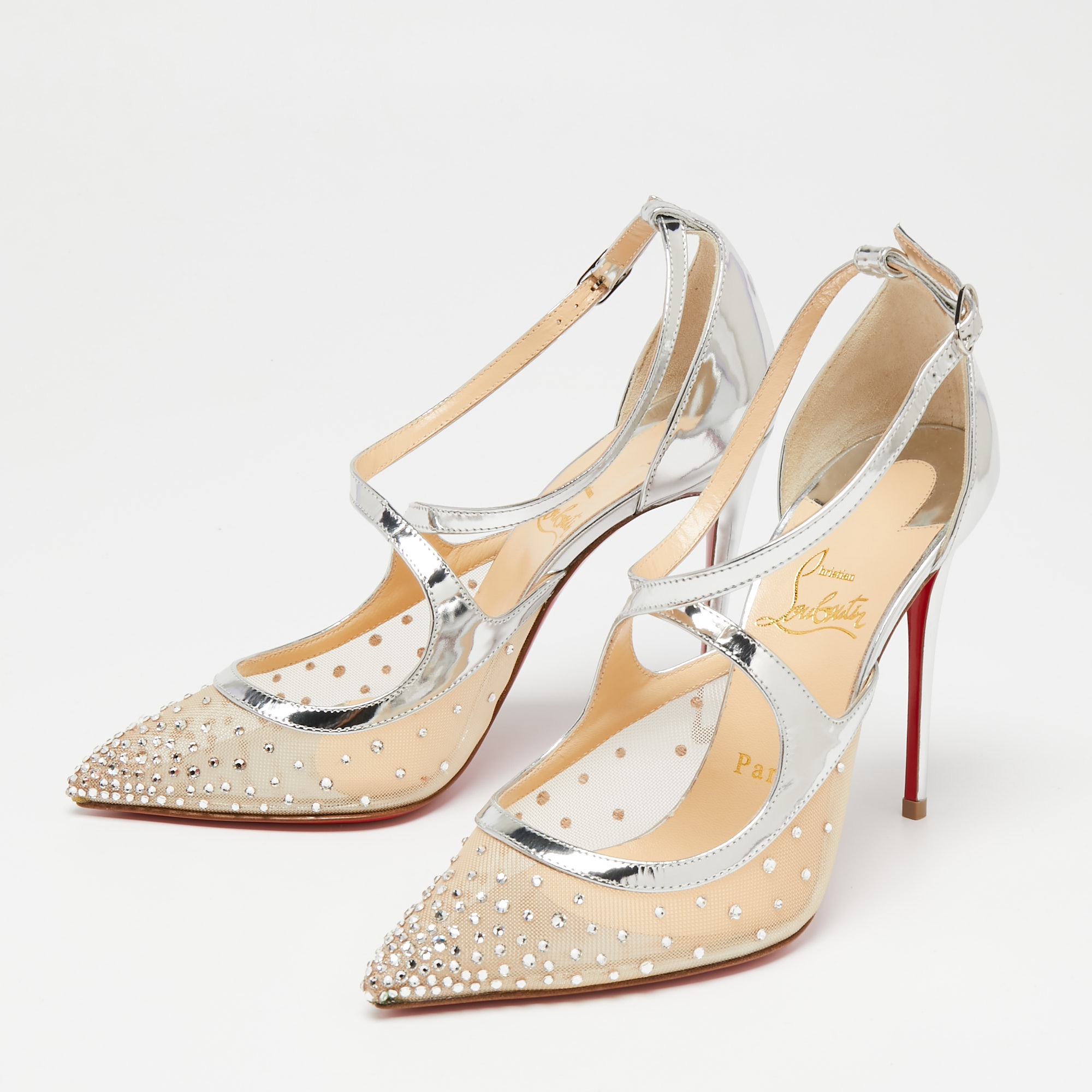 

Christian Louboutin Metallic Silver Mesh And Patent Leather Twistissima Strass Sandals Size
