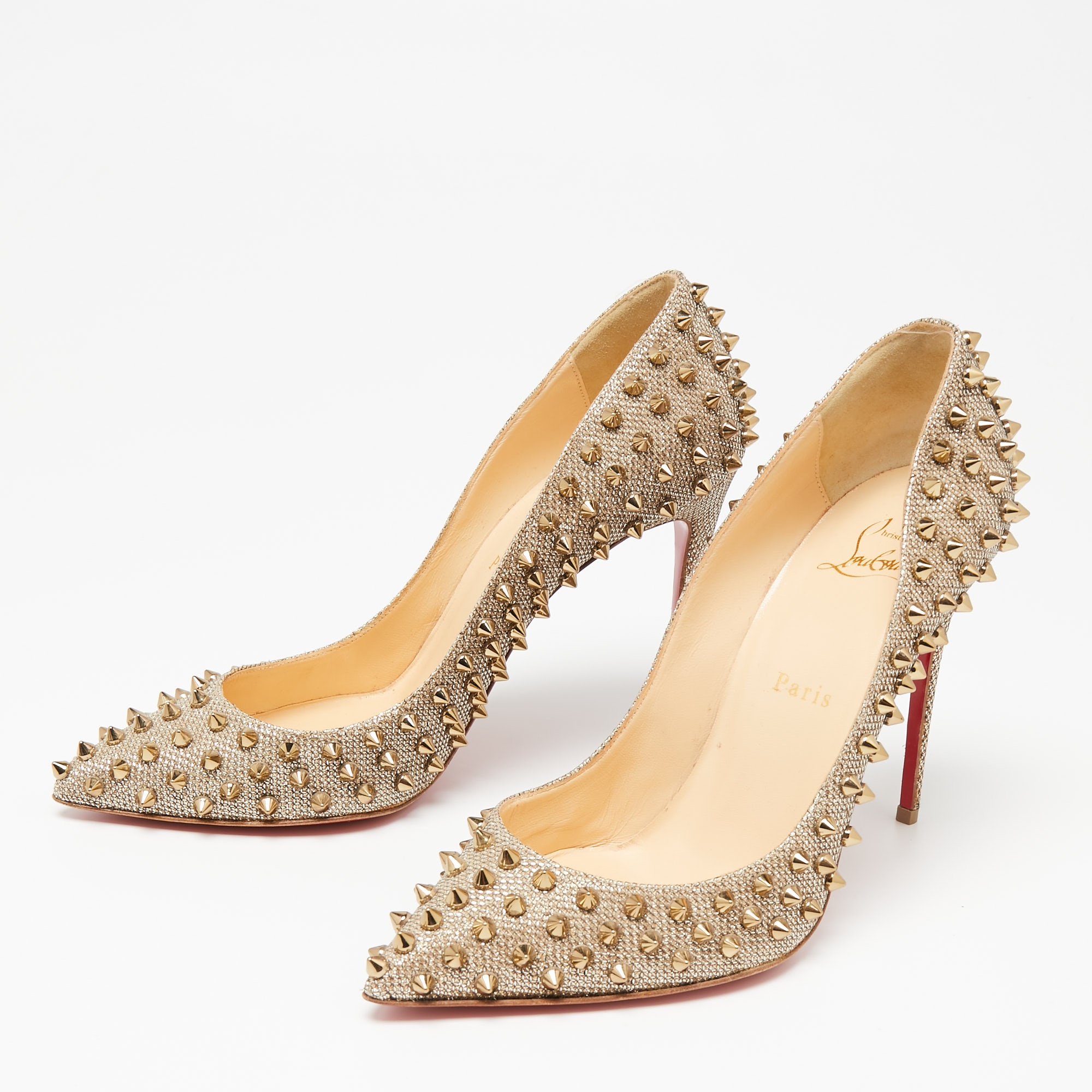 

Christian Louboutin Light Gold Lurex Fabric Pigalle Follies Spikes Pumps Size