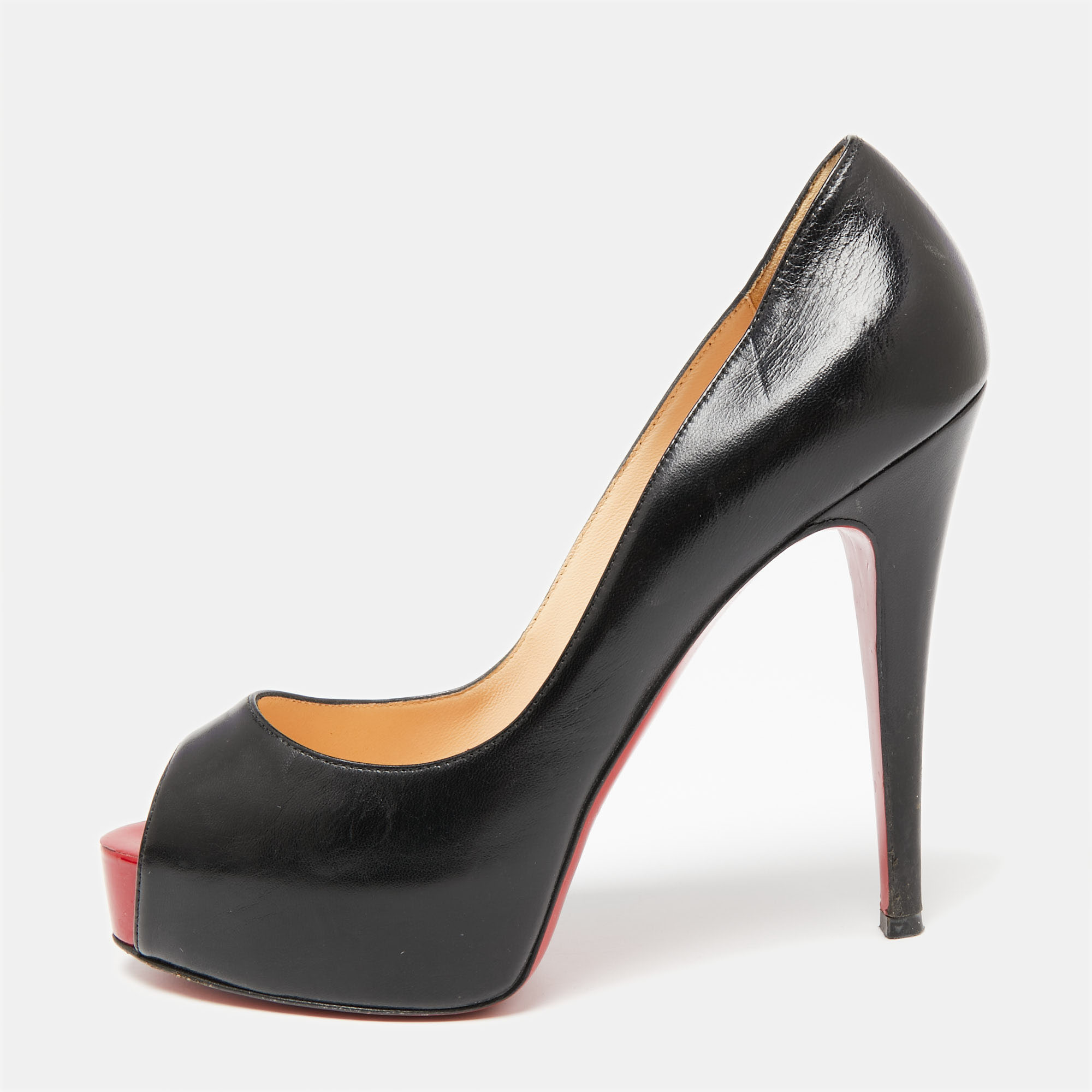 Pre-owned Christian Louboutin Black Leather Very Prive Peep-toe Pumps Size 37