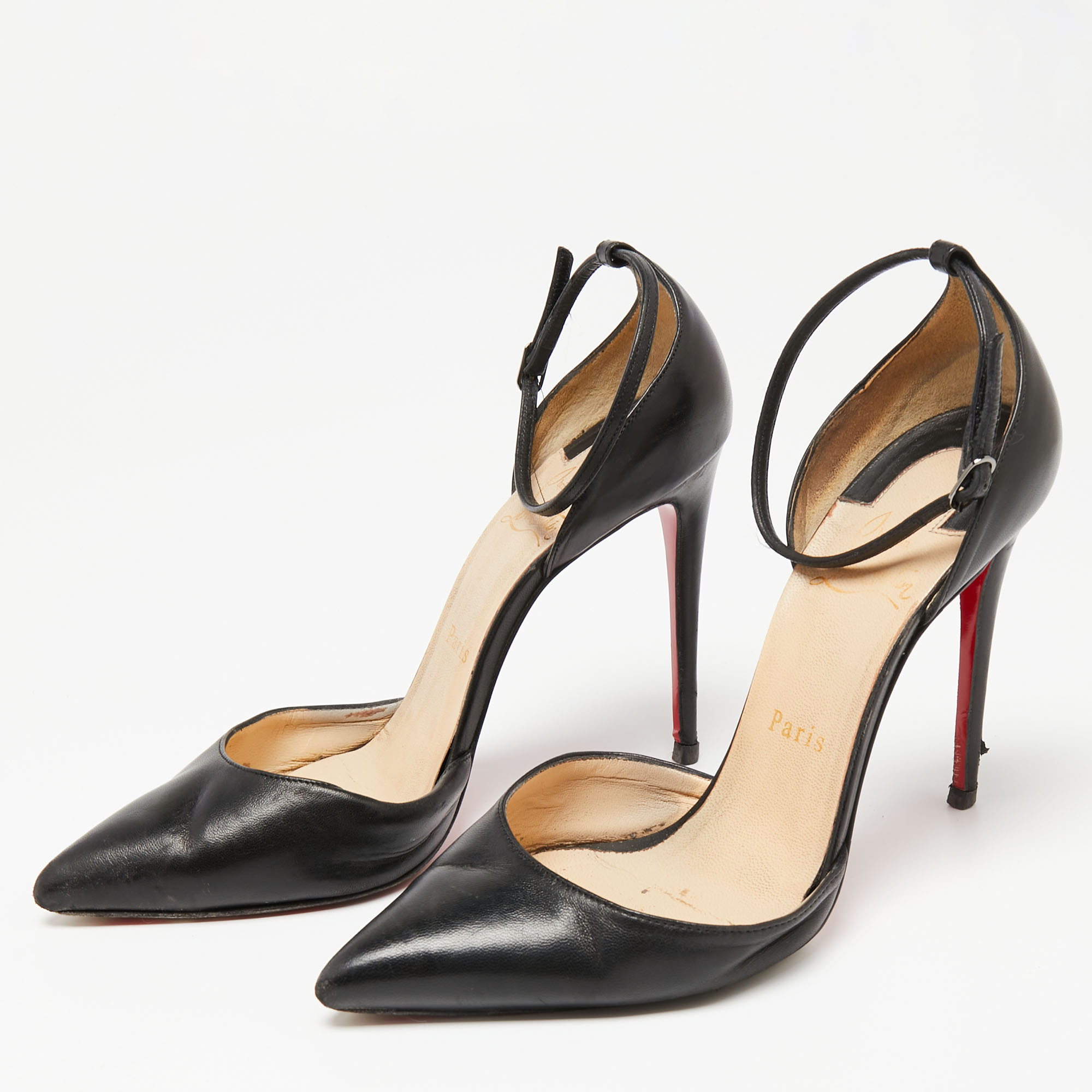 

Christian Louboutin Black Leather Halte Ankle-Strap Pumps Size