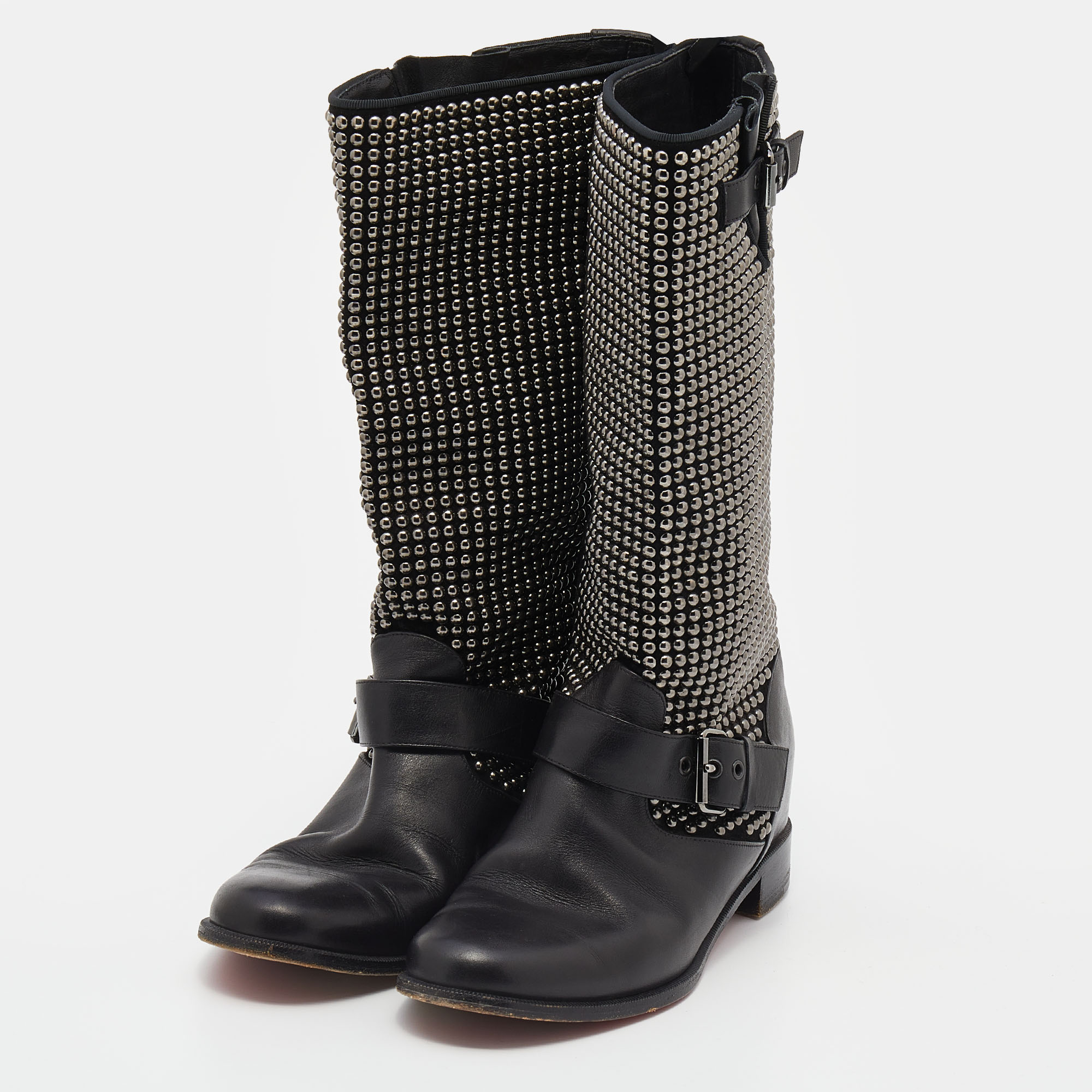 

Christian Louboutin Black Leather Studded Buckle Detail Mid Calf Boots Size
