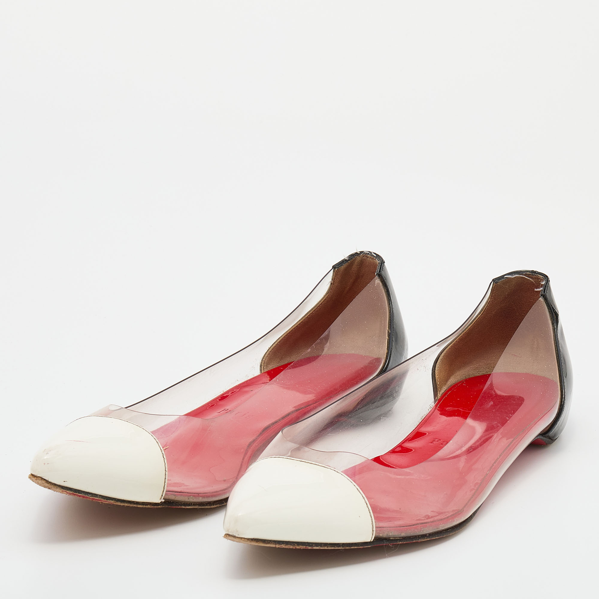 

Christian Louboutin White/Black Patent Leather And PVC Pointed Toe Riviera Ballet Flats Size