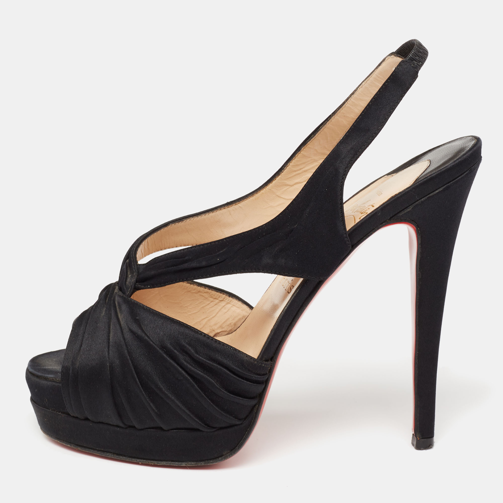 Pre-owned Christian Louboutin Black Pleated Satin Platform Slingback Sandals Size 38