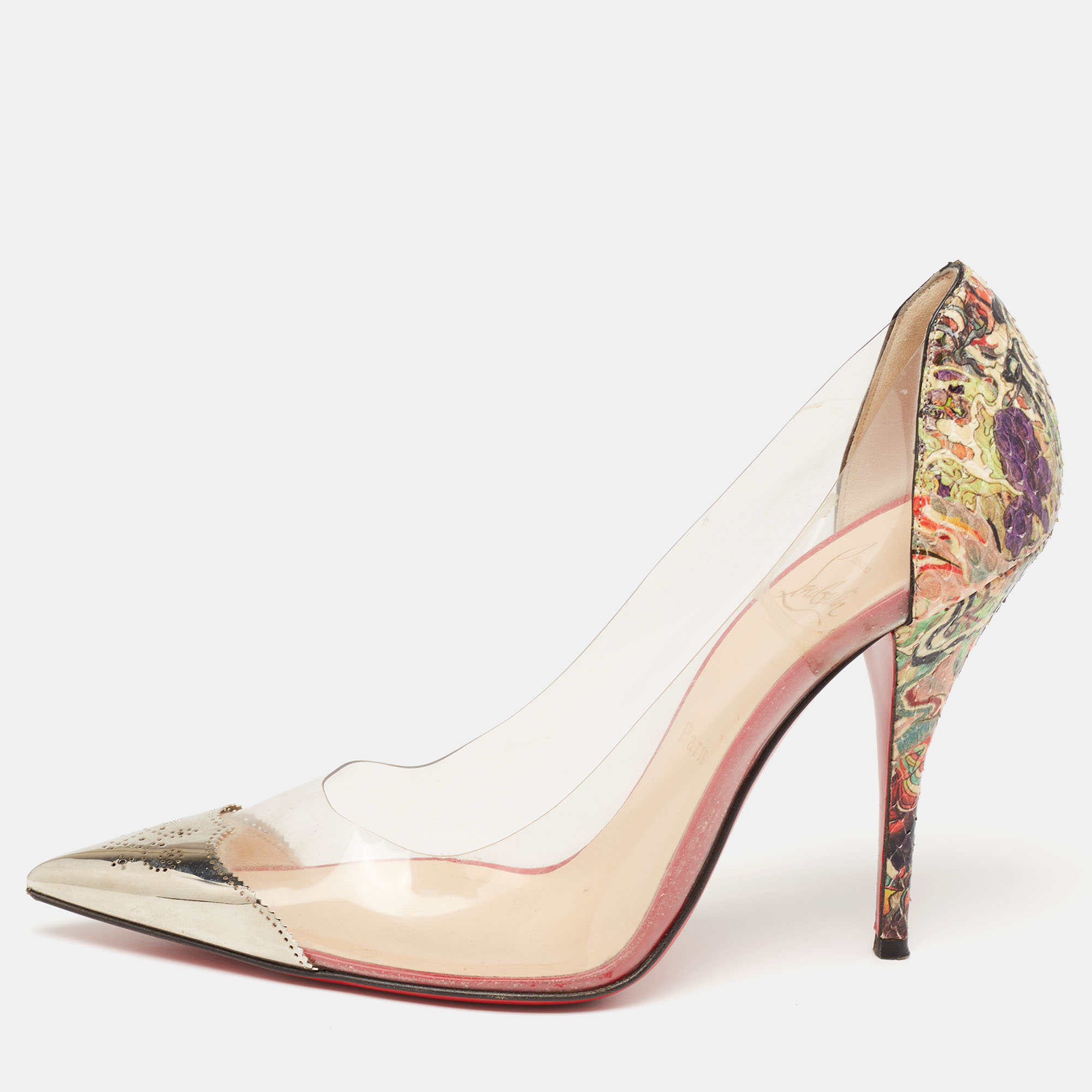 Pre-owned Christian Louboutin Multicolor Python Leather And Pvc Djalouzi Metal Cap Pointed-toe Pumps Size 39