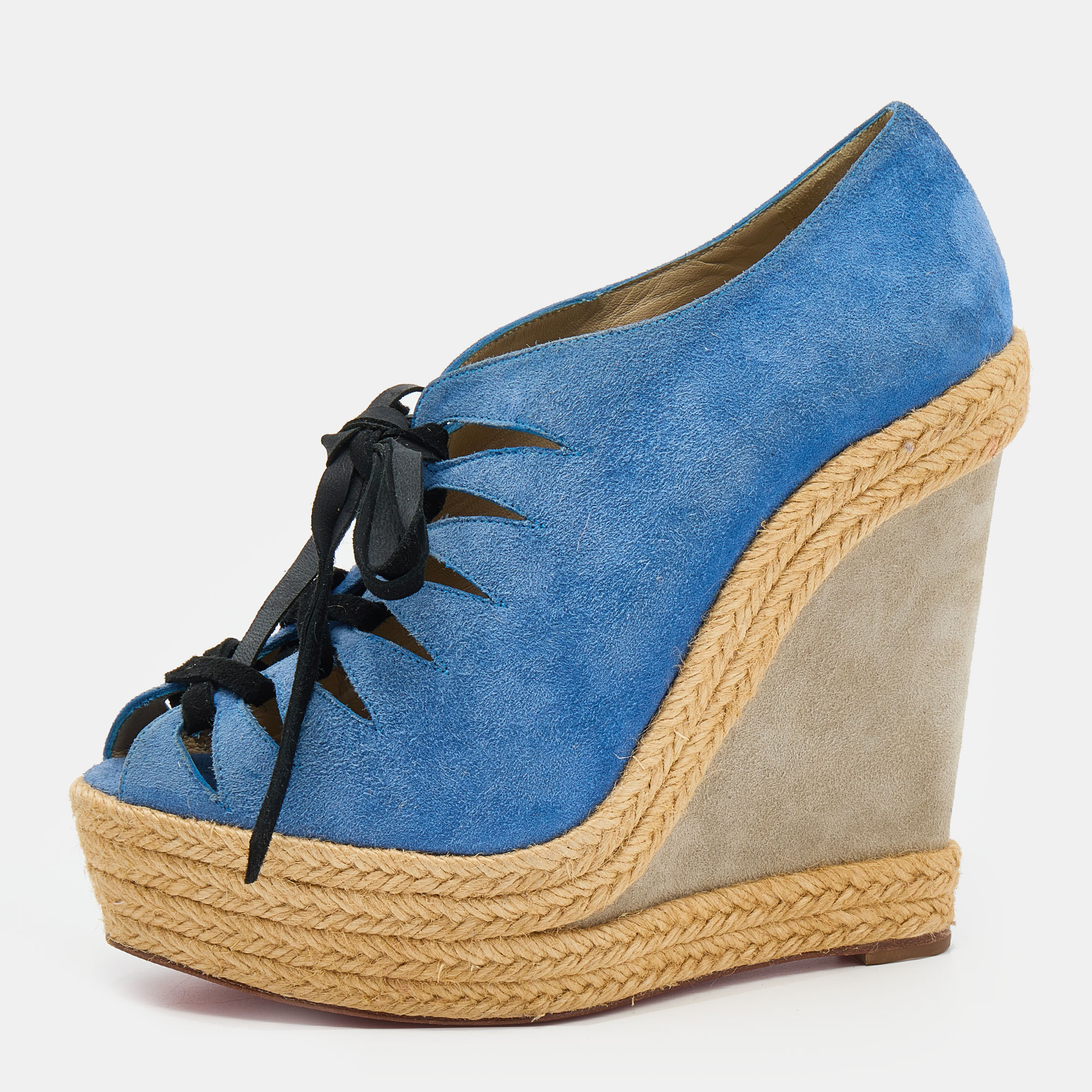 Pre-owned Christian Louboutin Blue/grey Suede Lace Up Espadrille Platform Wedge Sandals Size 37