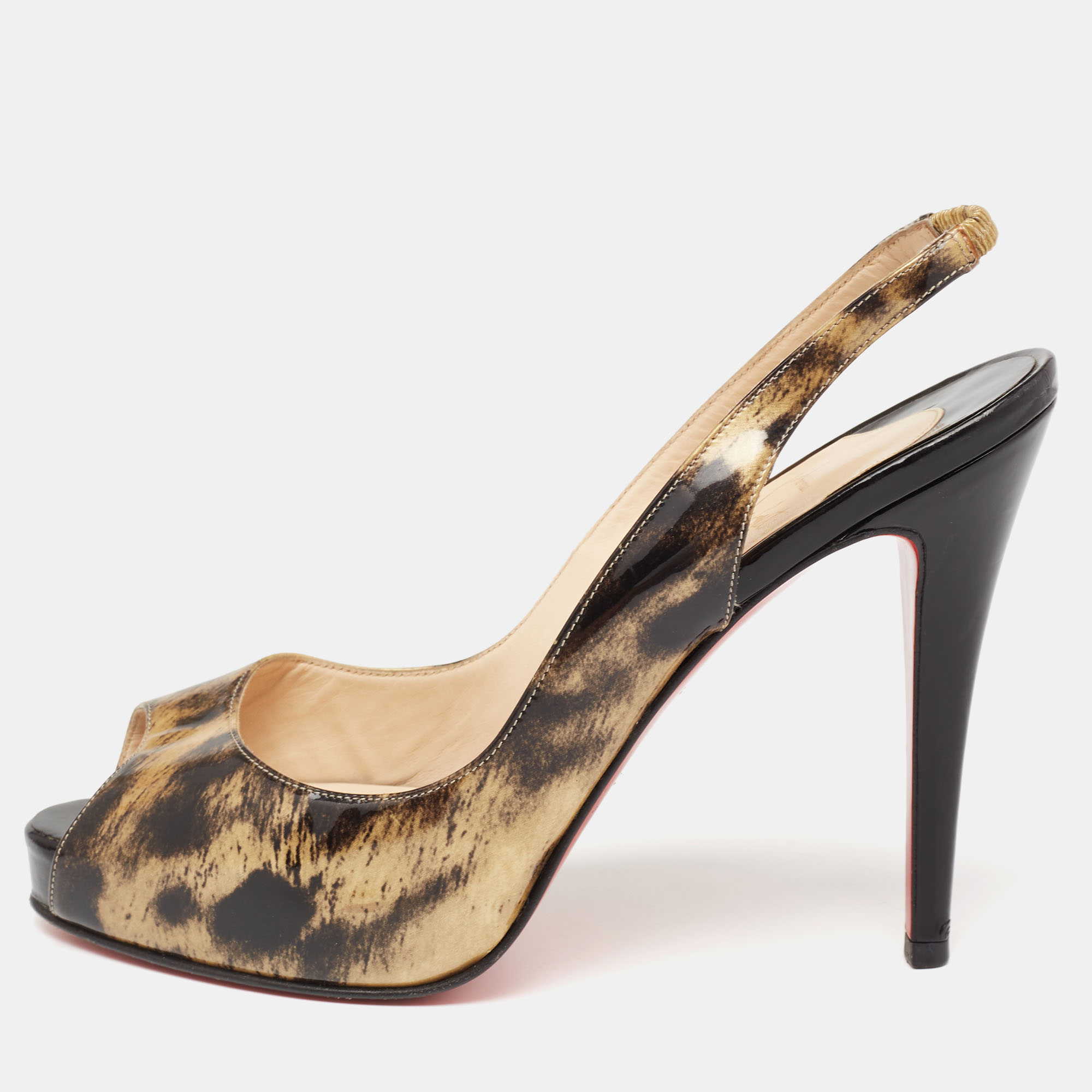 

Christian Louboutin Black/Gold Printed Patent Leather No Prive Slingback Sandals Size