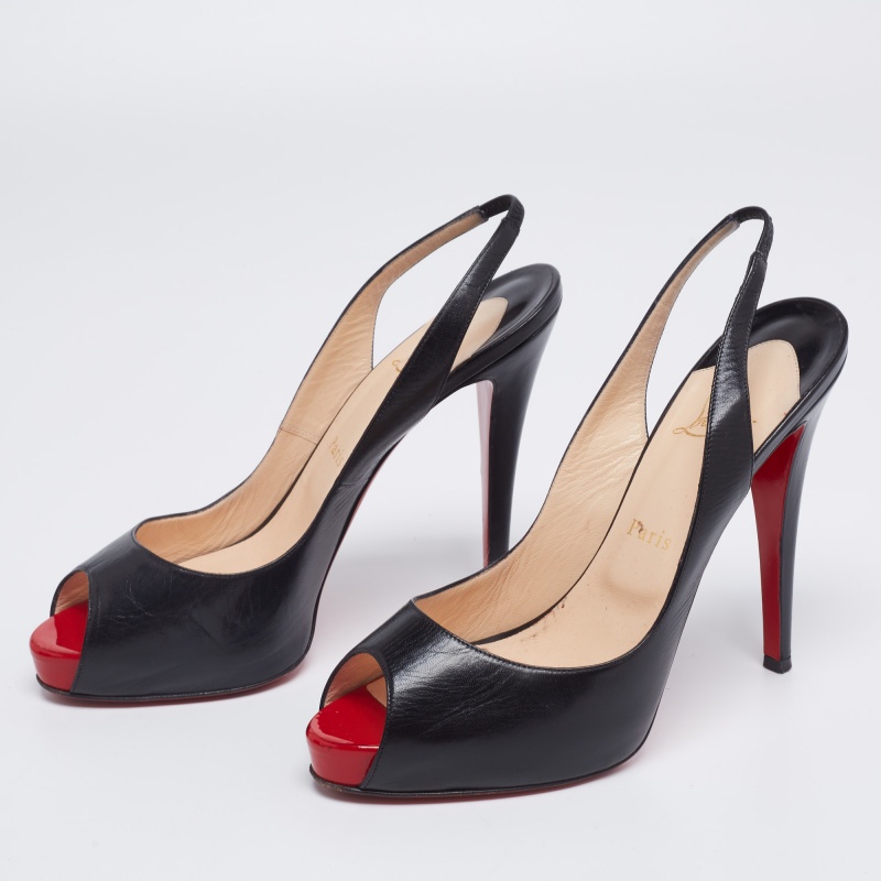 

Christian Louboutin Black Leather No Prive Slingback Sandals Size