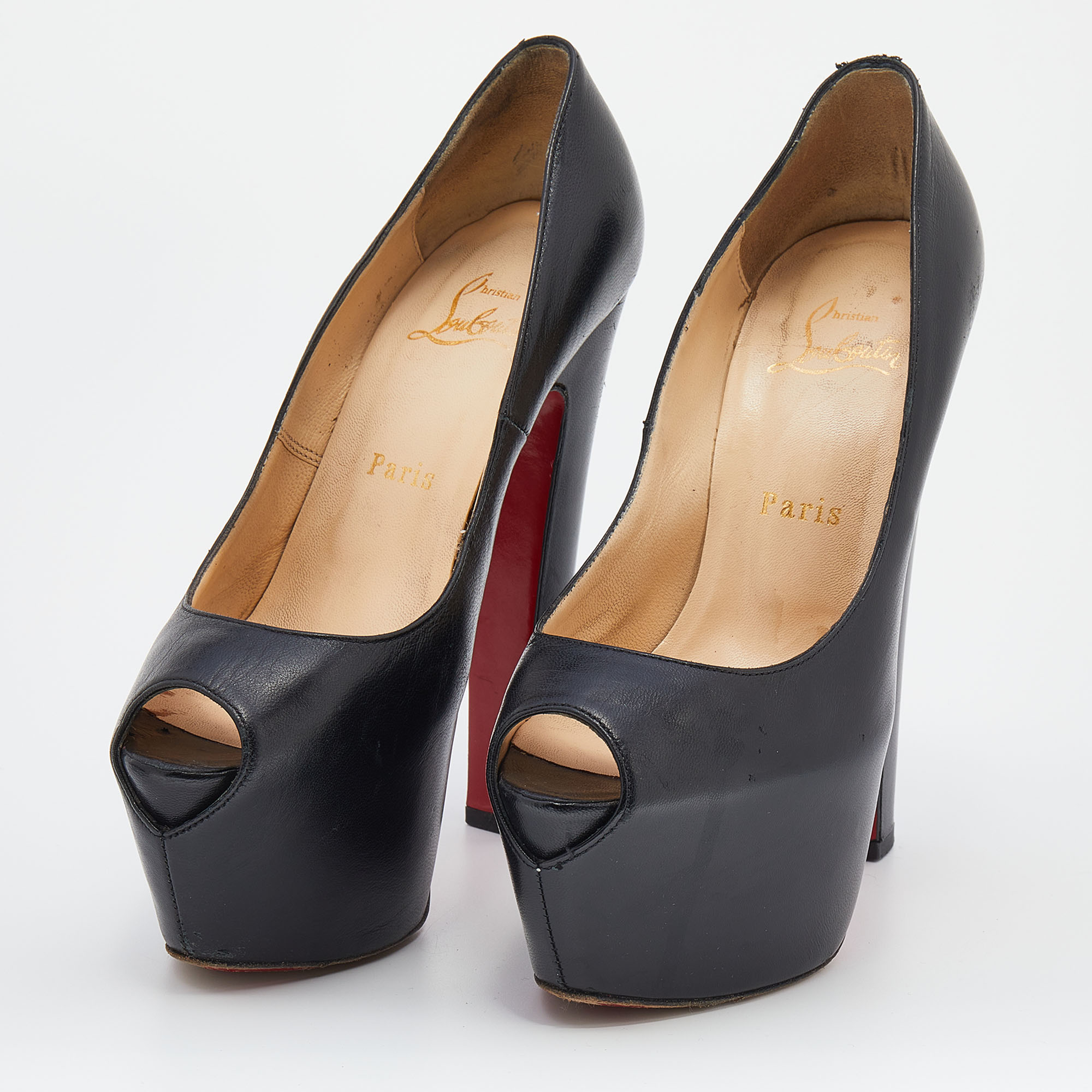 

Christian Louboutin Black Leather Highness Peep Toe Platform Pumps Size