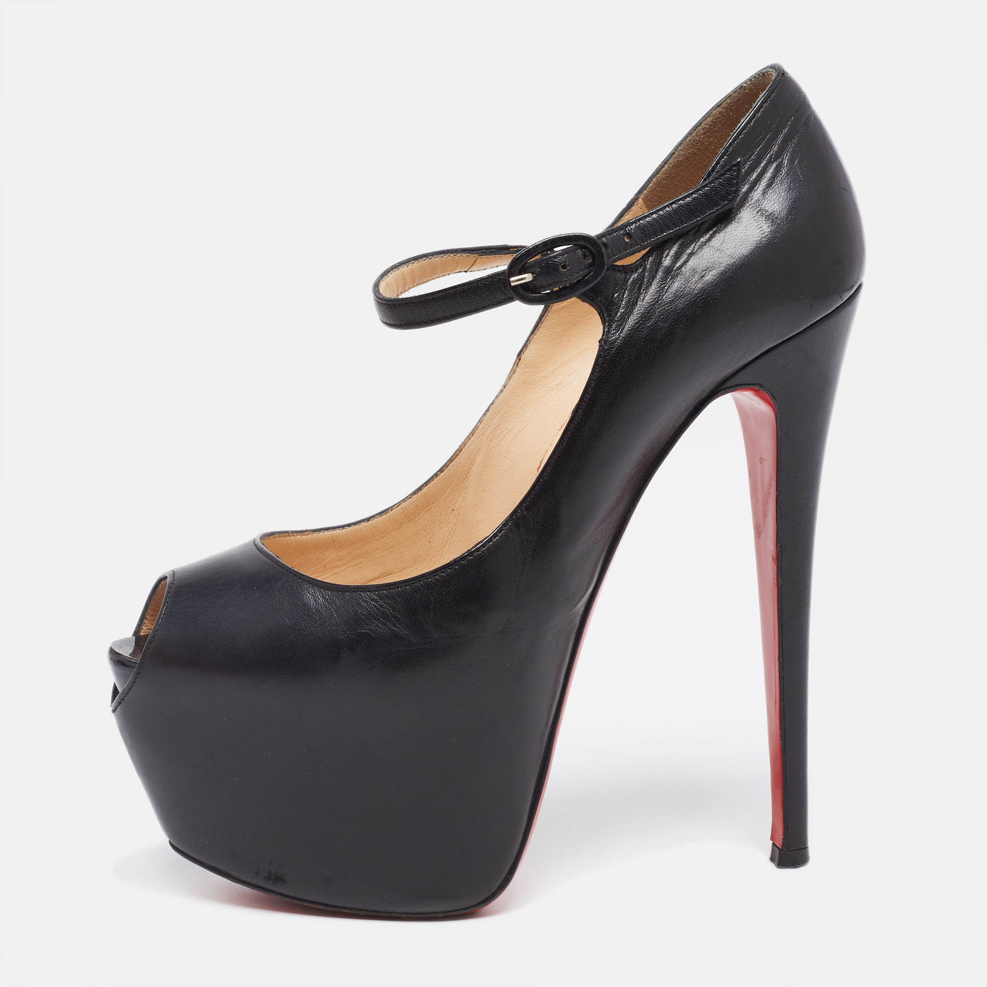 Pre-owned Christian Louboutin Black Leather Lady Daf Peep-toe Pumps Size 38.5