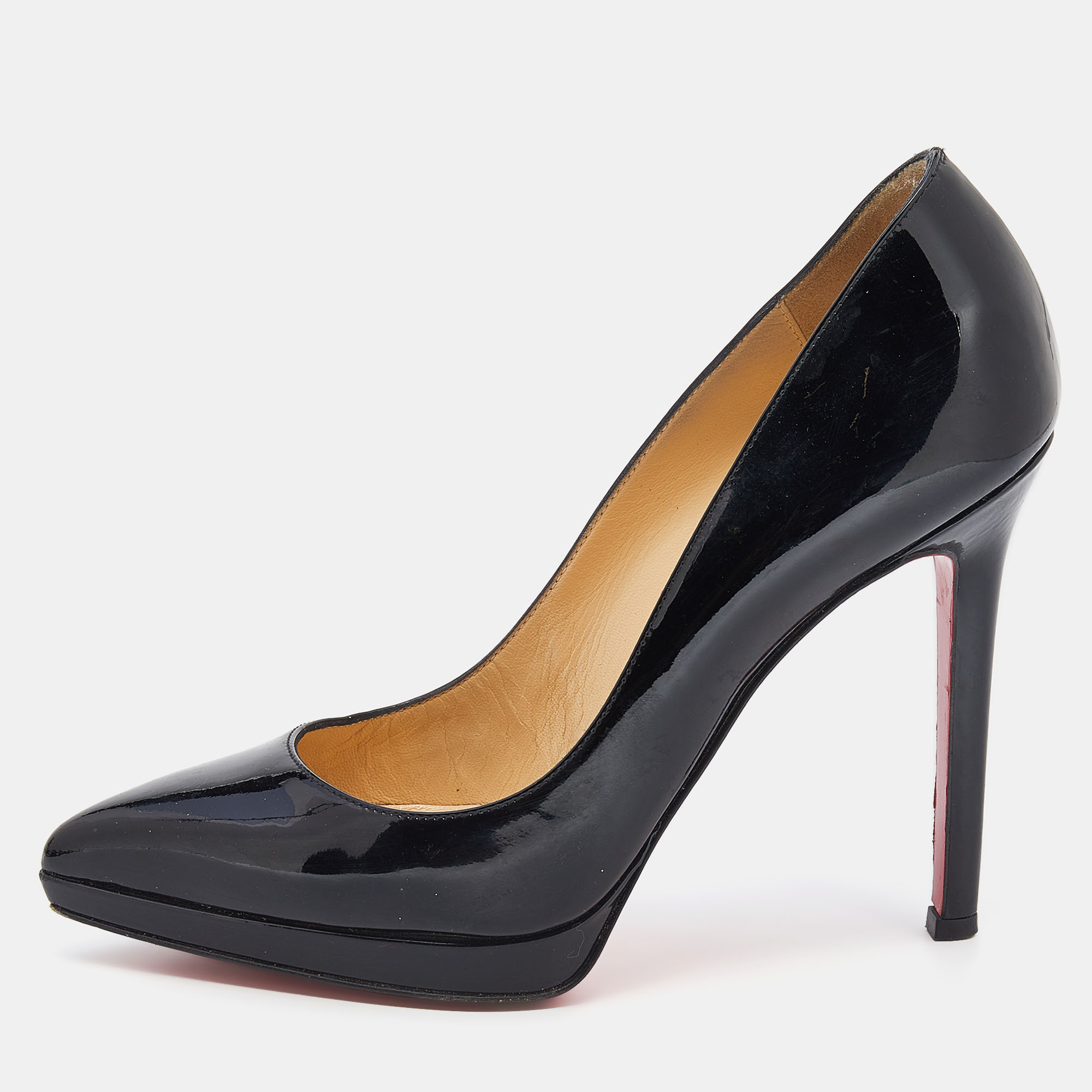 Pre-owned Christian Louboutin Black Patent Leather Decollete Platform Pointed Toe Pumps Size 35