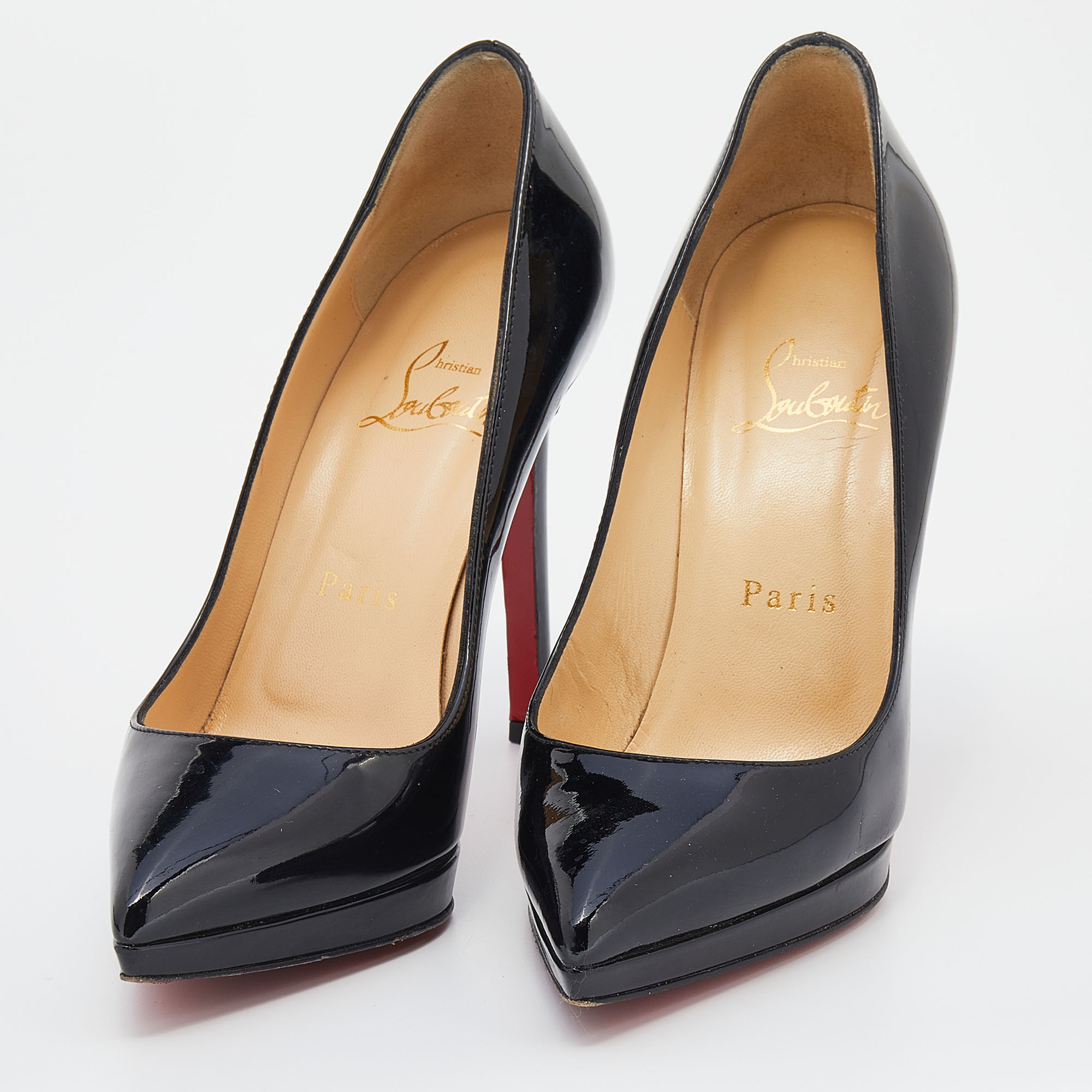 

Christian Louboutin Black Patent Leather Decollete Platform Pointed Toe Pumps Size